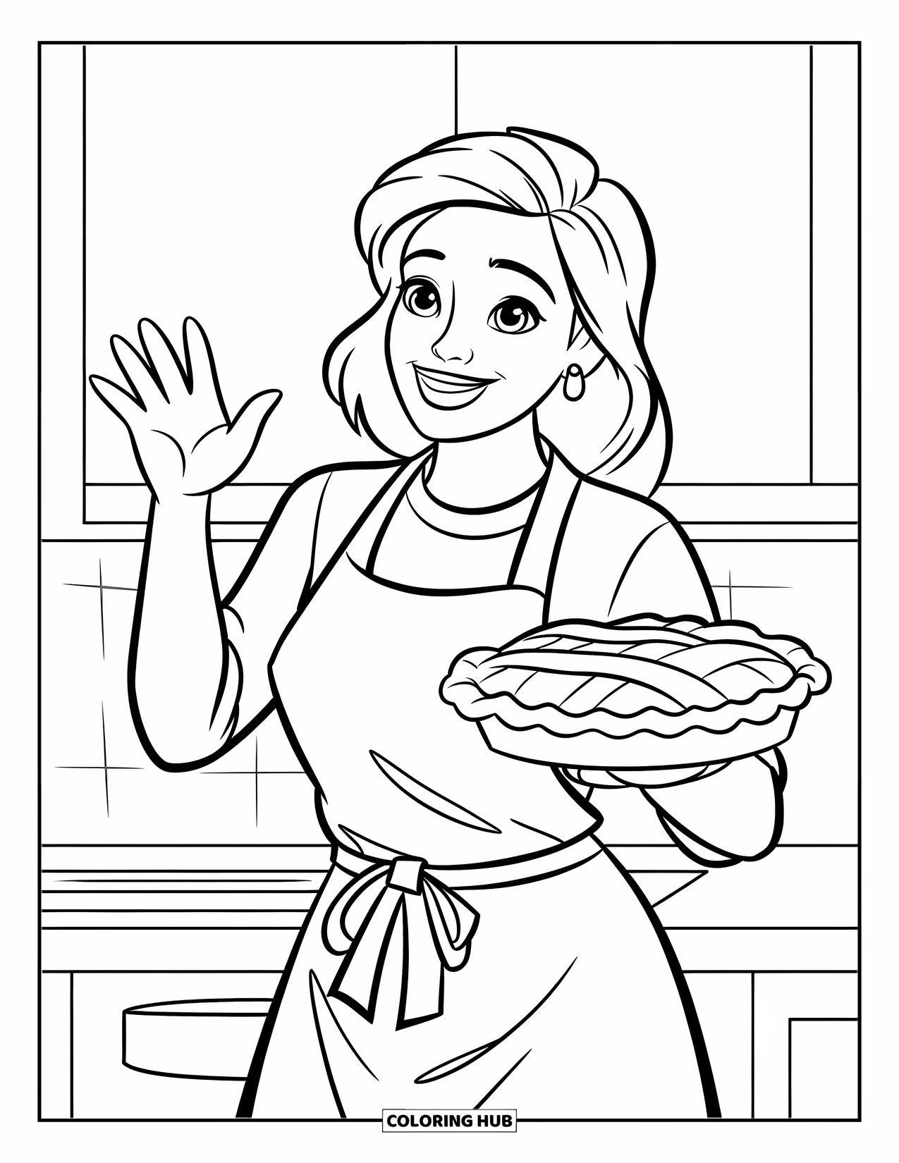 Mom Coloring Page for Kids: A joyful mom waves cheerfully holding a homemade pie