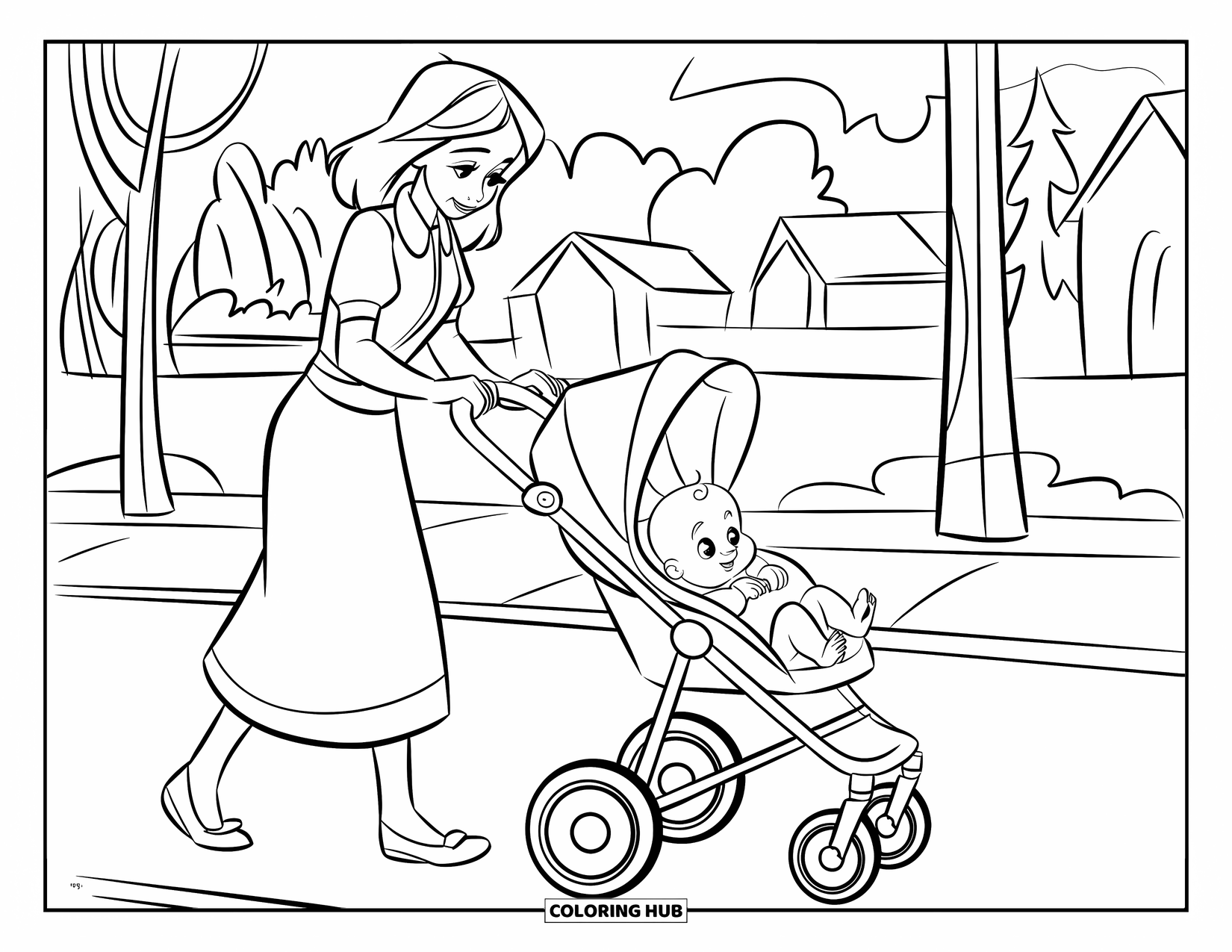 Mom Coloring Page for Kids: A loving mom pushes a stroller with her baby down the road