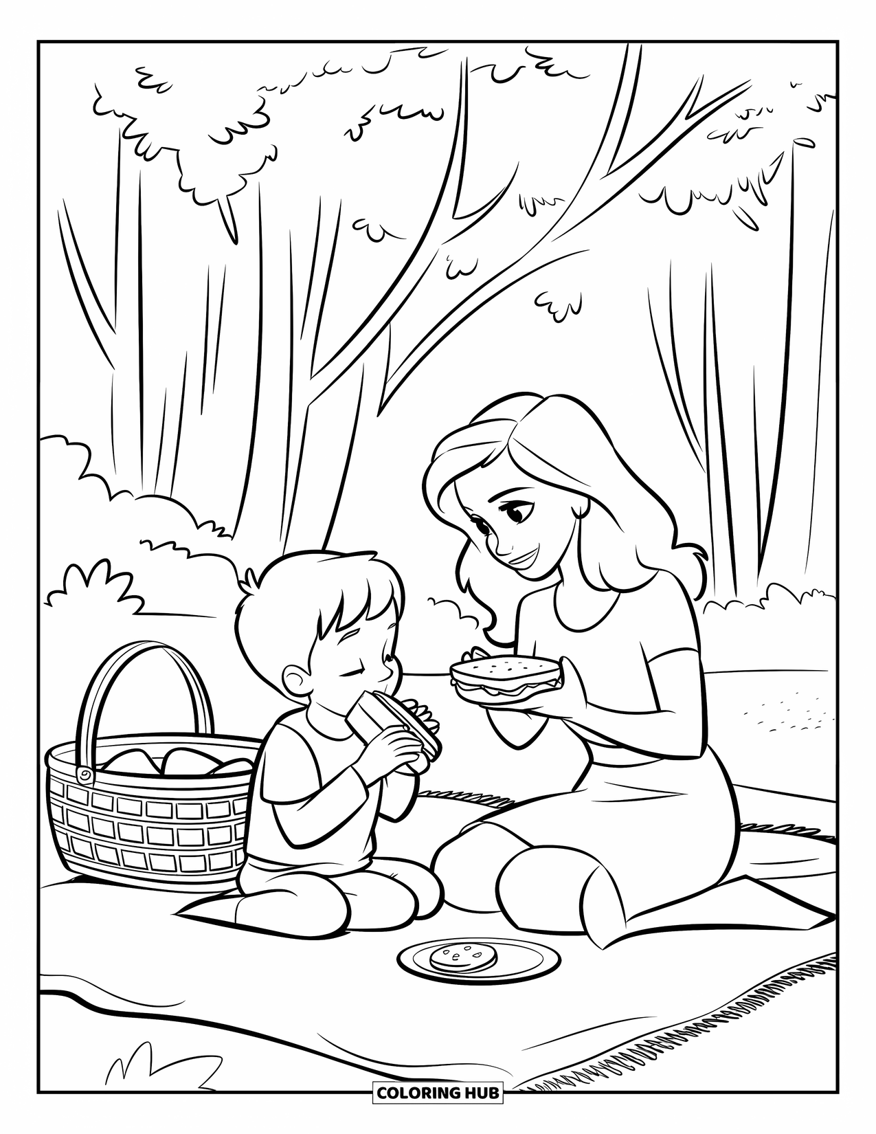 Mom Coloring Page for Kids: A mom and son share a peaceful picnic under a shady tree