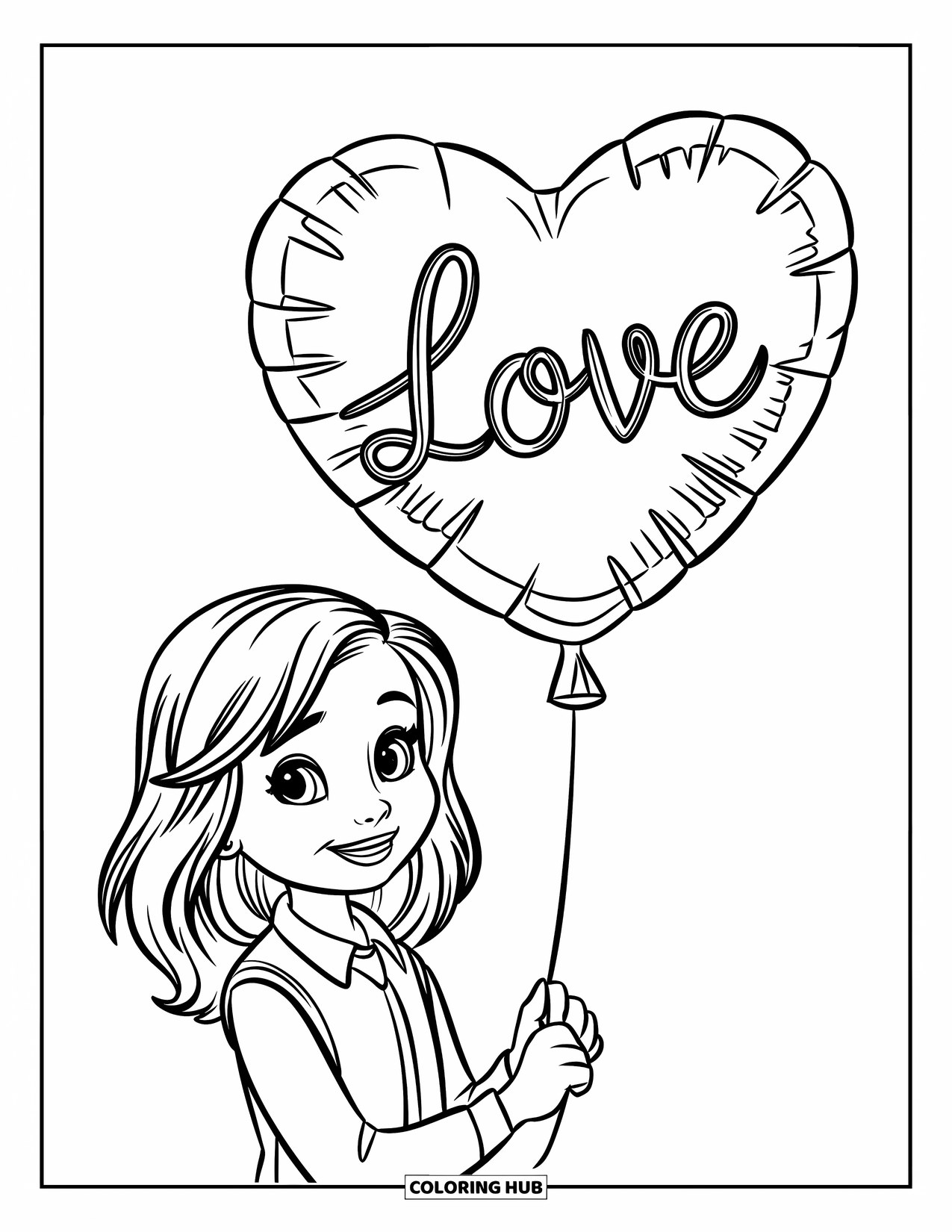 Mom Coloring Page for Kids: A mom holds a large heart balloon with ìLOVEî written on it