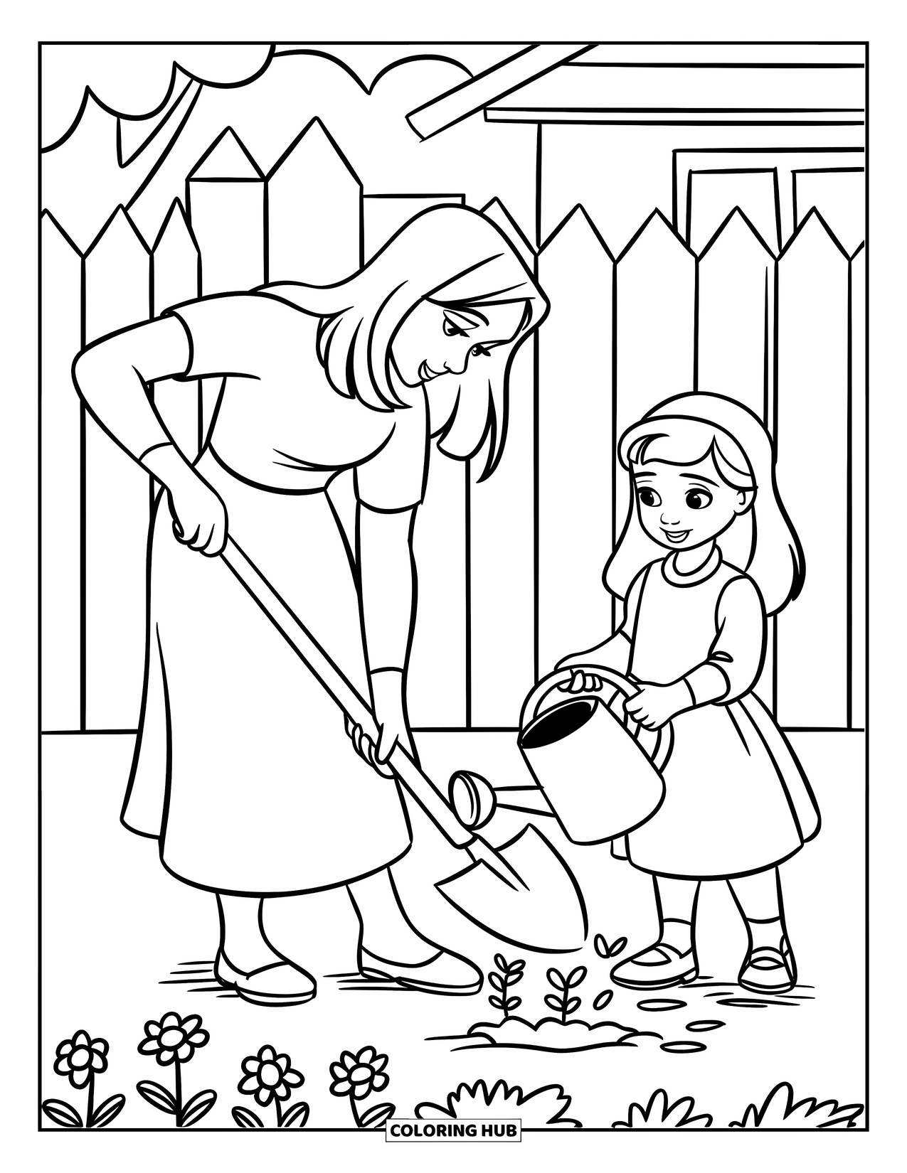 Mom Coloring Page for Kids: A mom plants flowers while her daughter carries a watering can