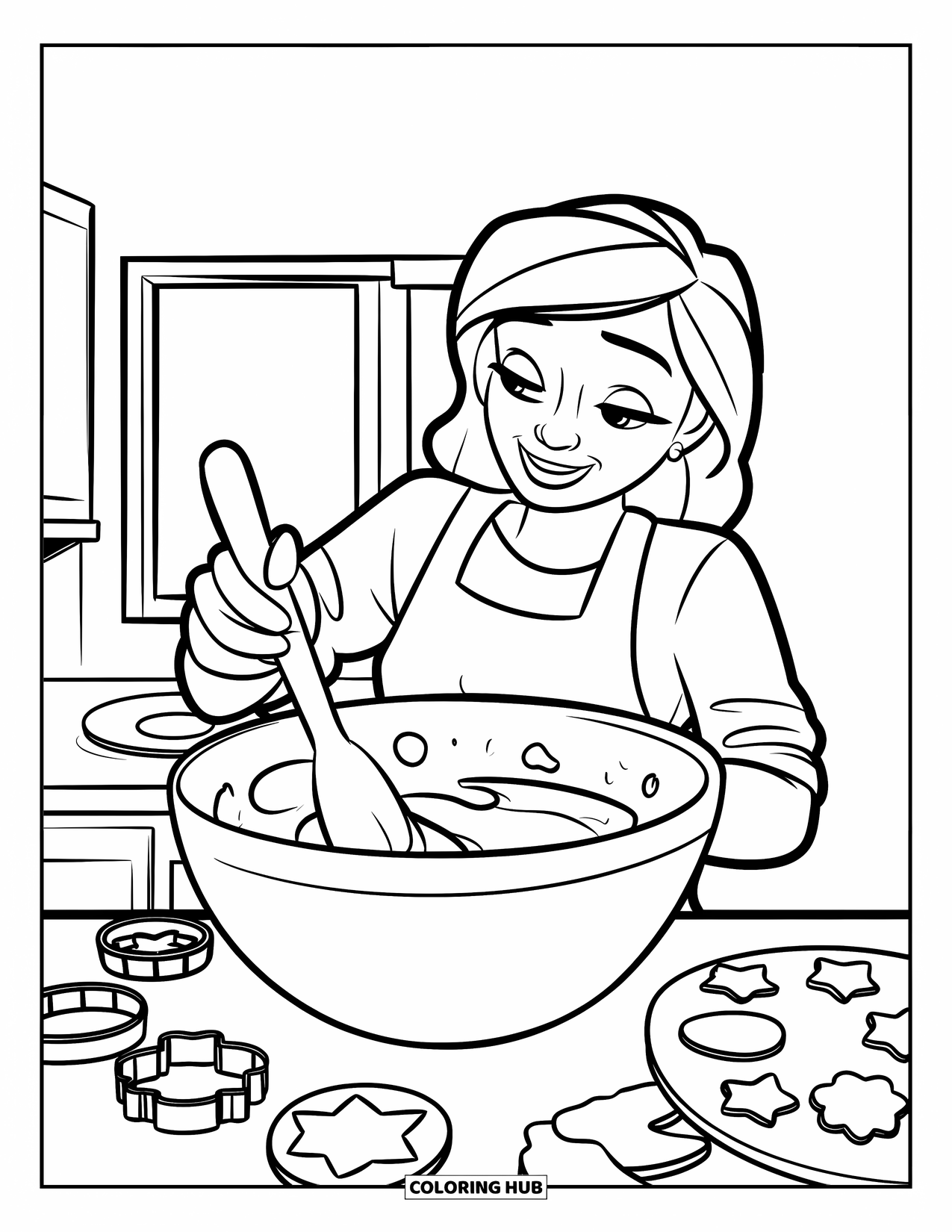 Mom Coloring Page for Kids: A mom stirs cookie dough in a bowl while baking in the kitchen