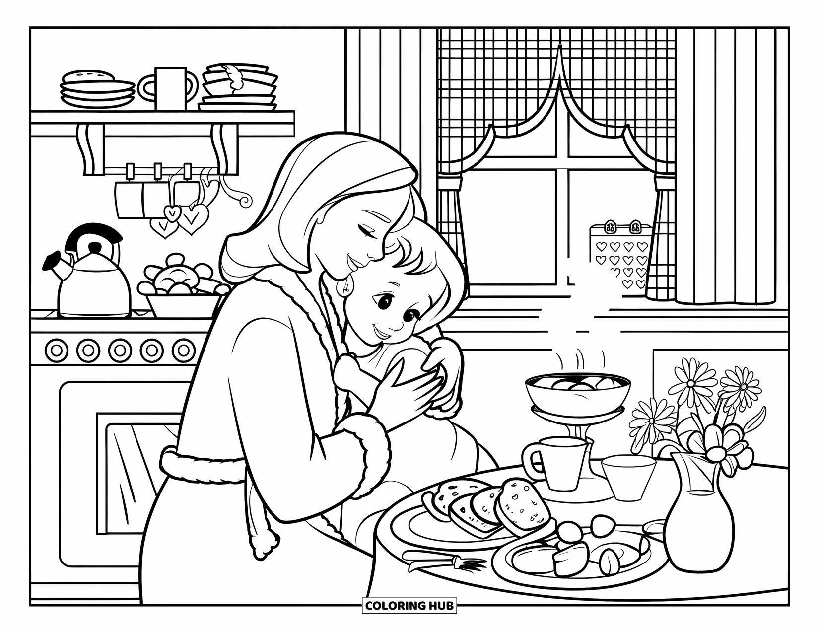 Mom Coloring Page for Kids: A mother lovingly hugs her child in a cozy kitchen filled with warmth and sunlight