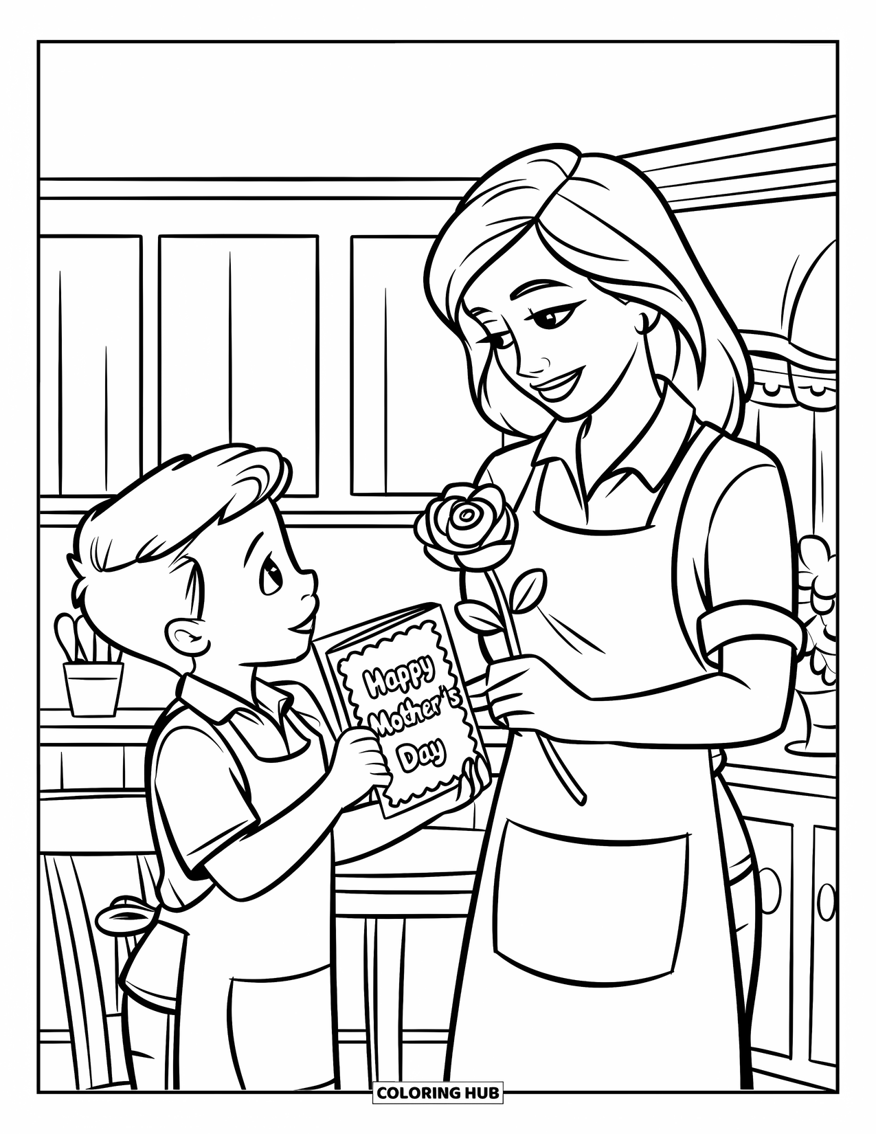 Mom Coloring Page for Kids: A son surprises his mom with a flower and handmade card
