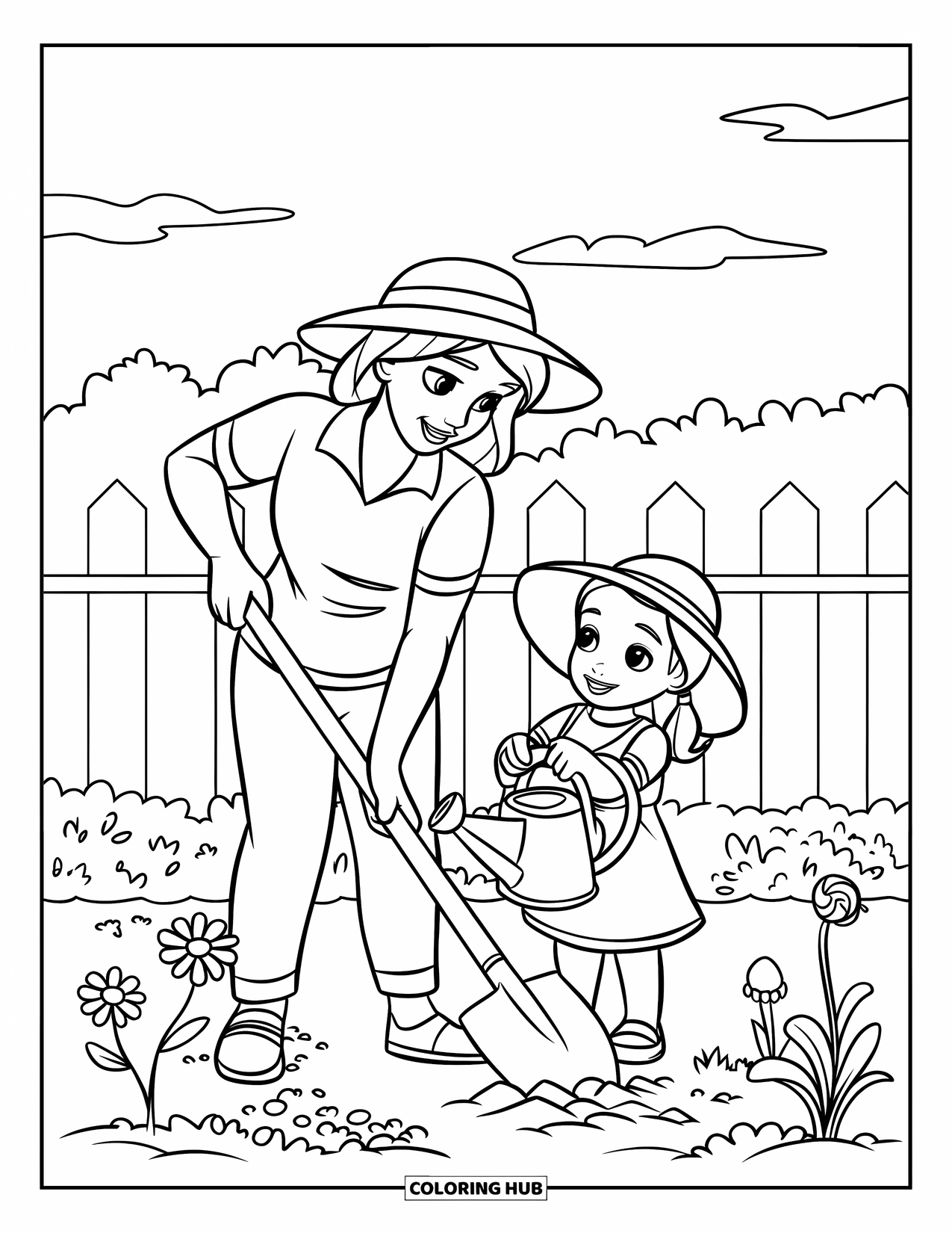 Mom Coloring Page for Kids: A sunny garden scene with a mom and daughter planting flowers