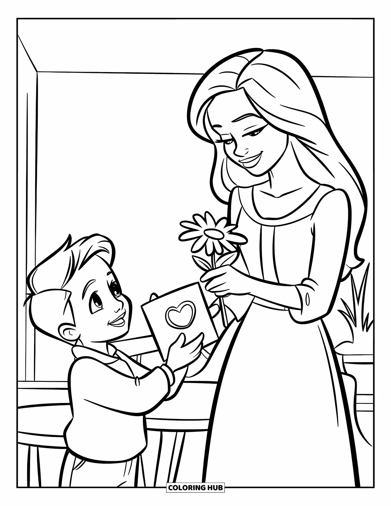 Mom Coloring Page for Kids: A sweet moment of a boy giving his mom a card and flower