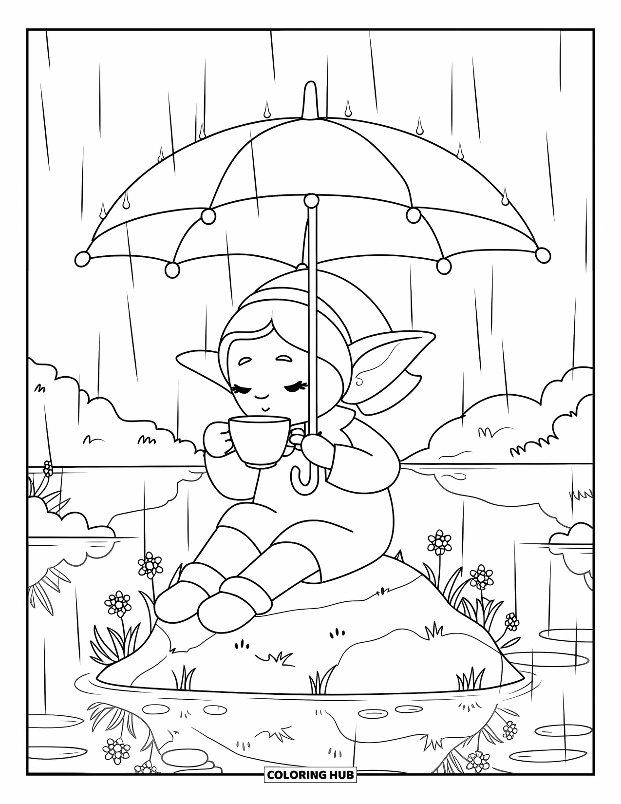 Mythical Creatures Coloring Page for Adults: A calm elf drinks tea under a leaf while flowers bloom nearby