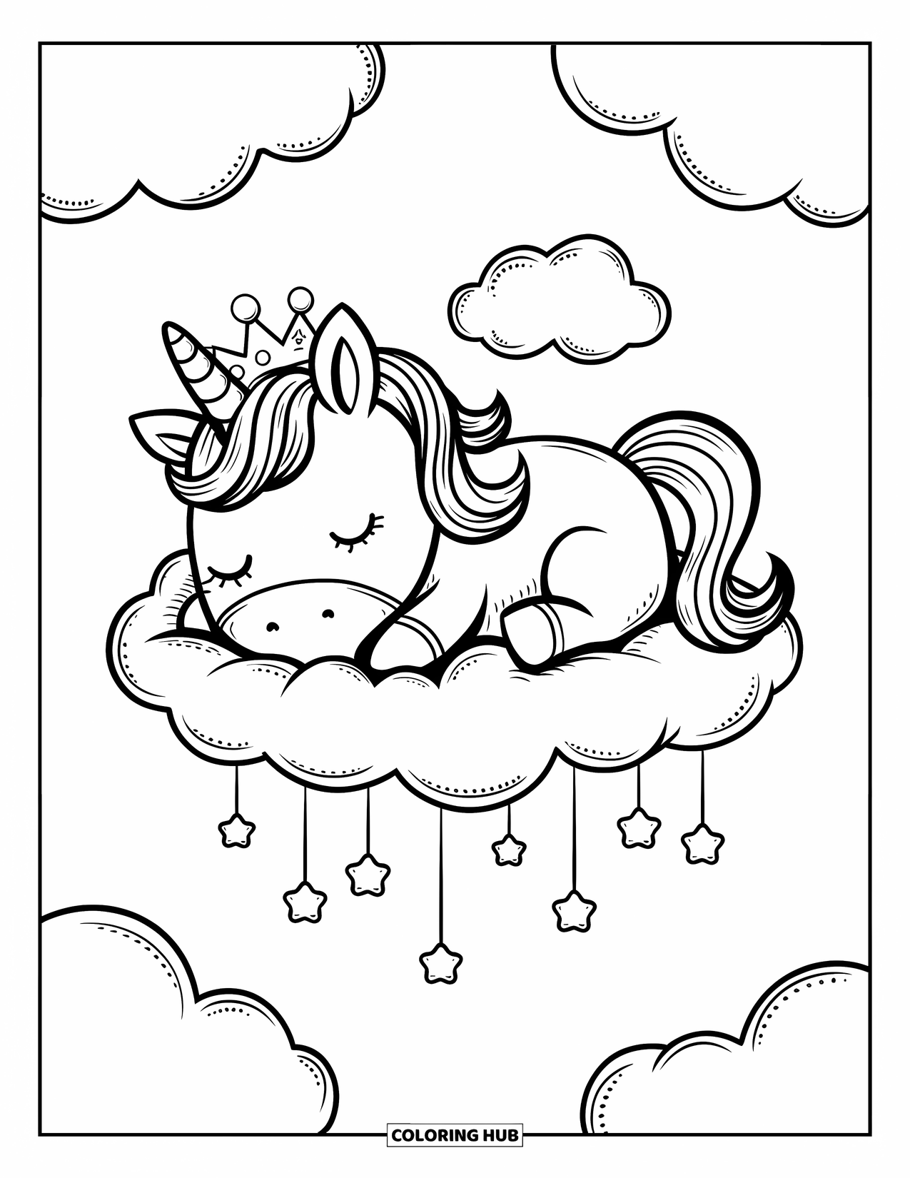 Mythical Creatures Coloring Page for Adults: A crowned unicorn sleeps on a cloud surrounded by twinkling stars