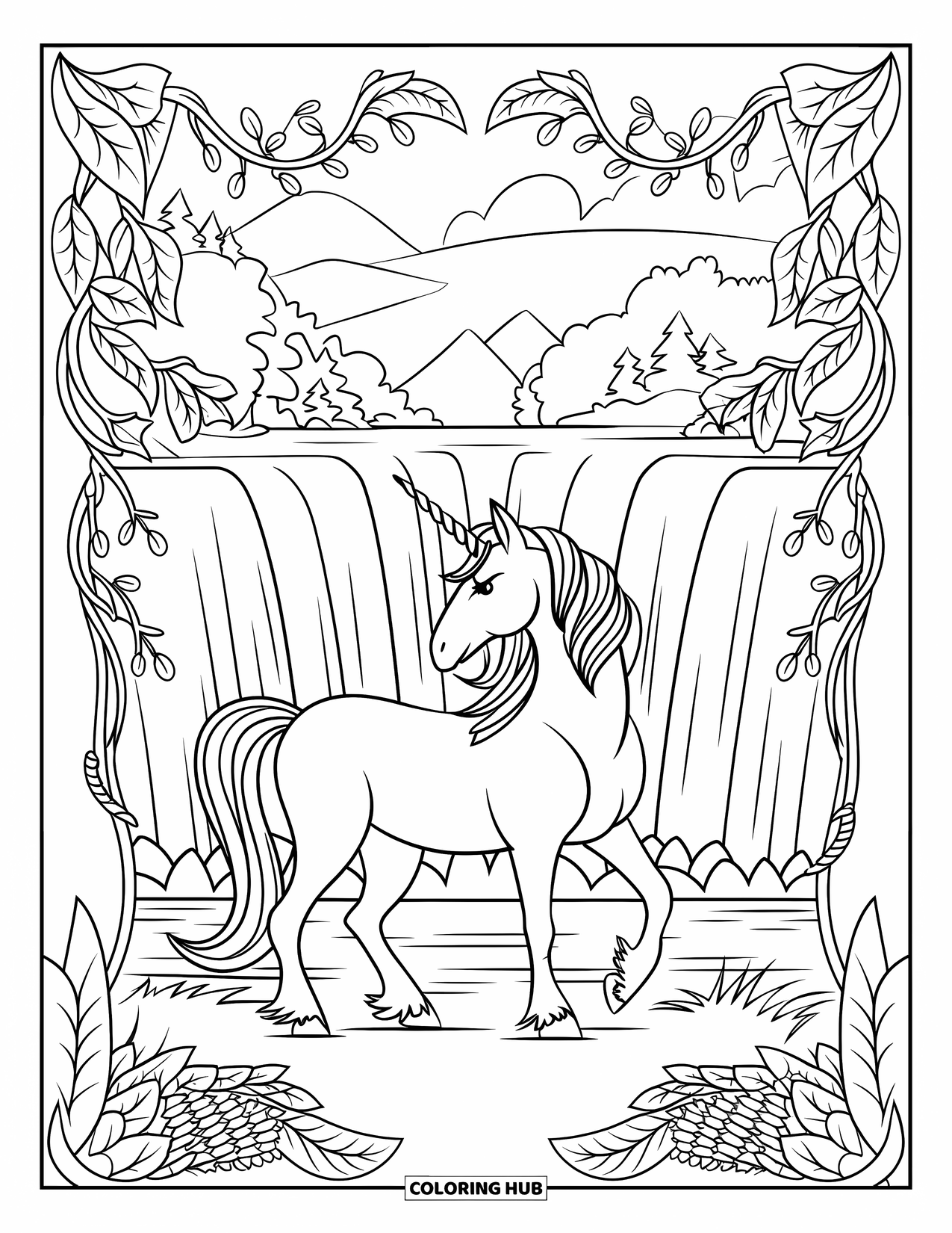 Mythical Creatures Coloring Page for Adults: A crowned unicorn stands near a crystal waterfall and flowing vines