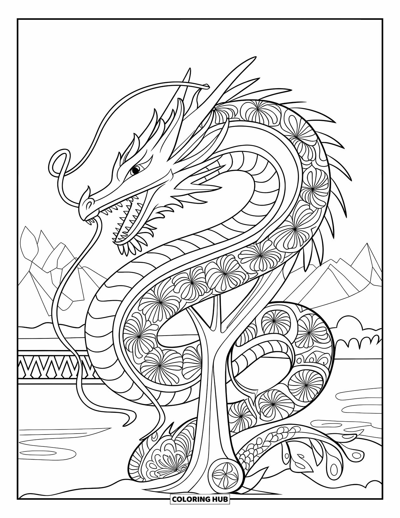 Mythical Creatures Coloring Page for Adults: A dragon twines around a tree among flowers, mountains, and water