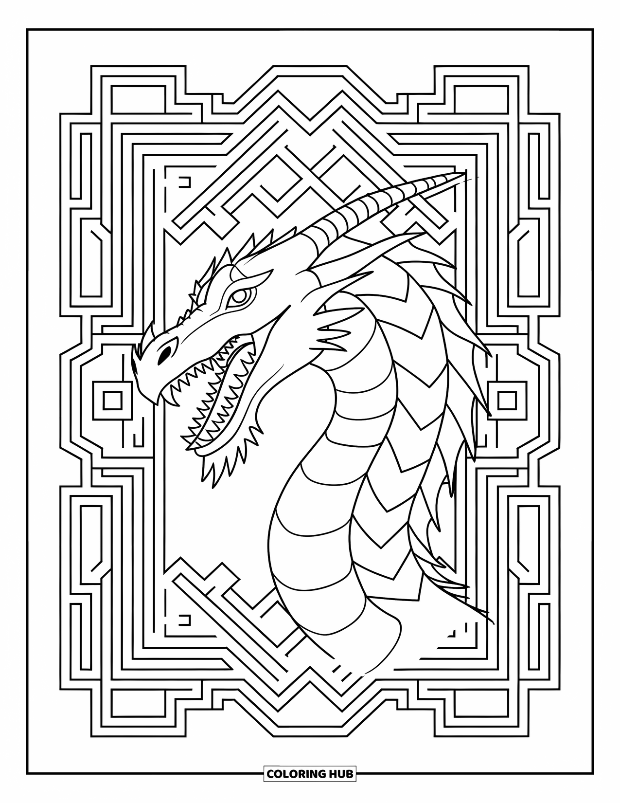Mythical Creatures Coloring Page for Adults: A dragon's head bursts from a tapestry of geometric shapes
