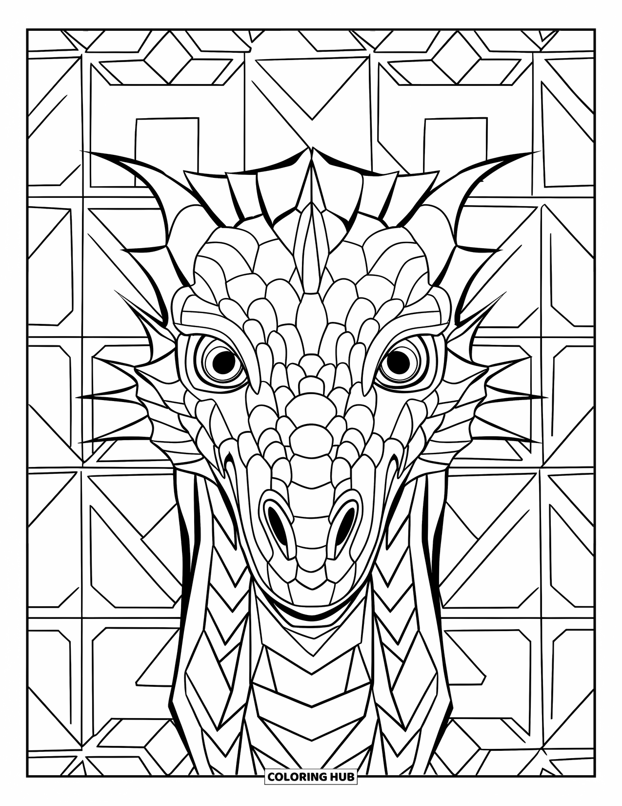 Mythical Creatures Coloring Page for Adults: A dragon's head rises through interlocking triangles and lines
