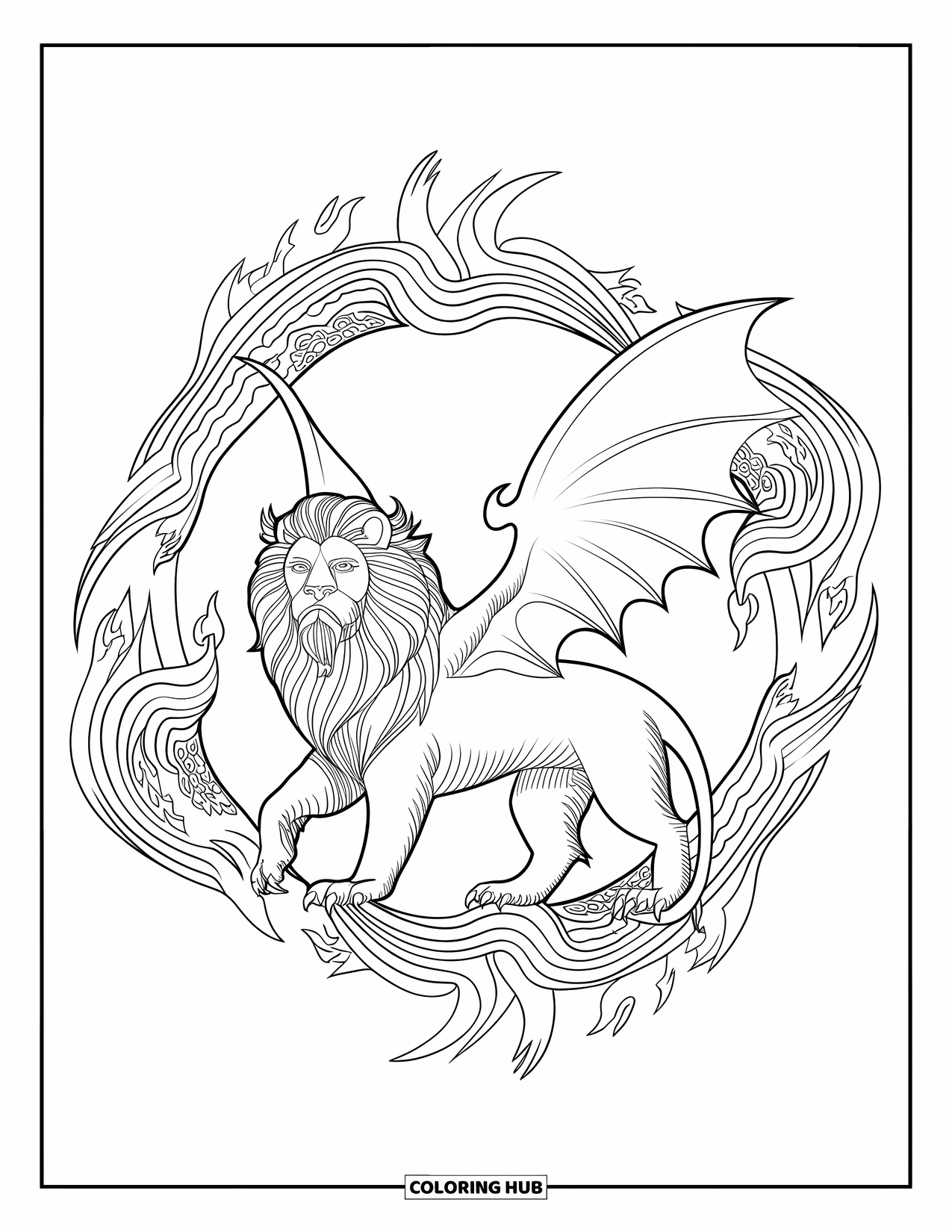 Mythical Creatures Coloring Page for Adults: A manticore with wings and a human face is framed by fiery waves