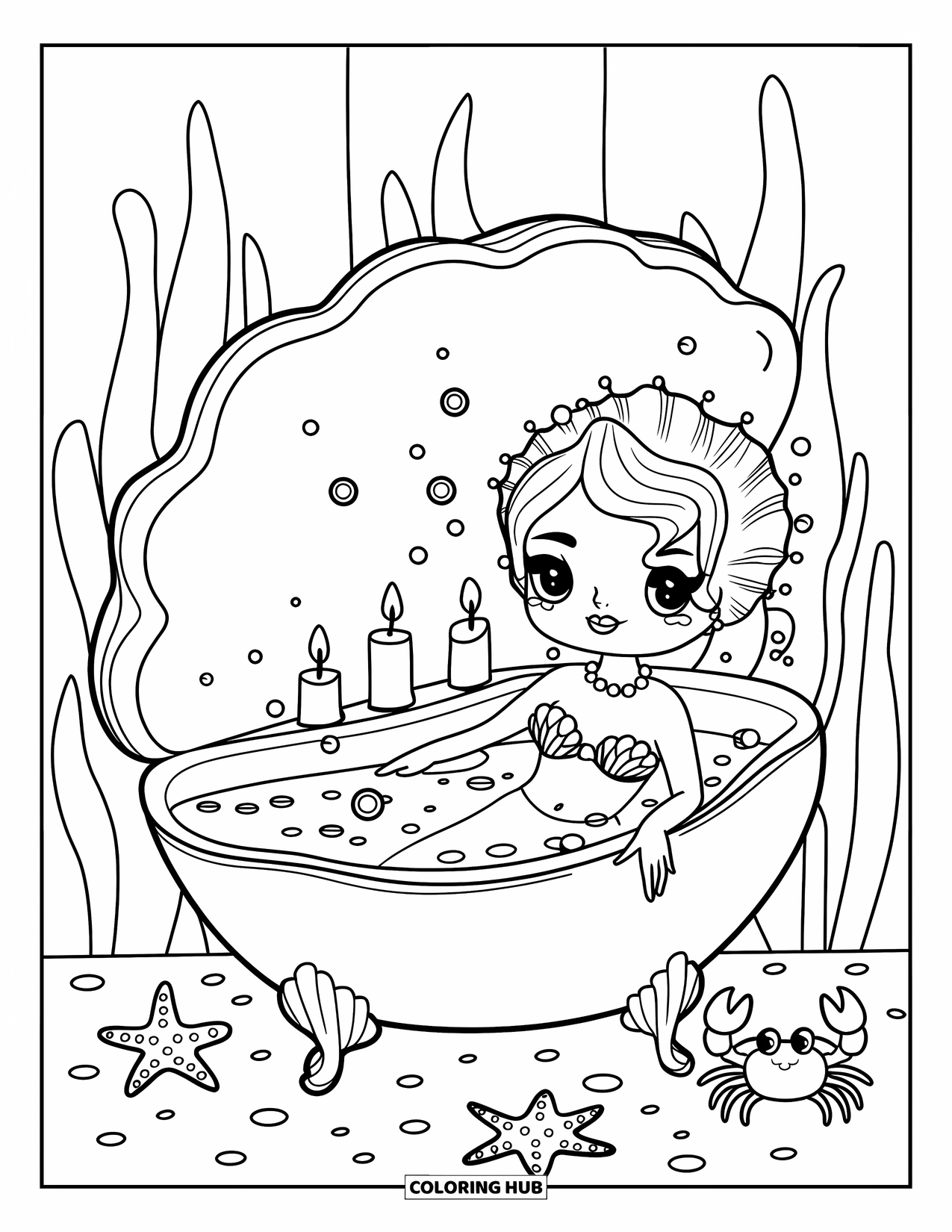 Mythical Creatures Coloring Page for Adults: A playful mermaid enjoys a bubble bath with floating sea creatures