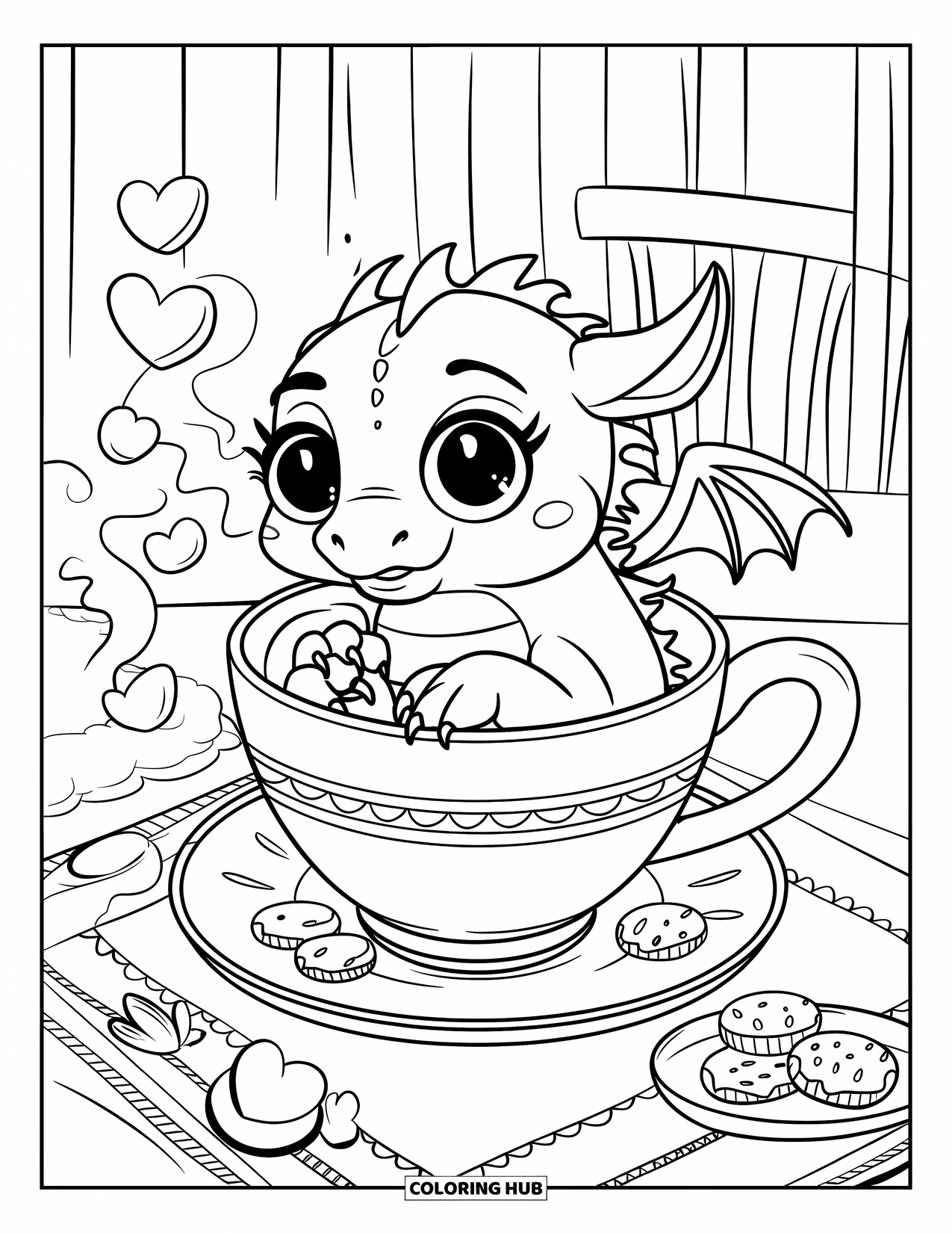 Mythical Creatures Coloring Page for Adults: A small dragon with wings sleeps curled inside a teacup
