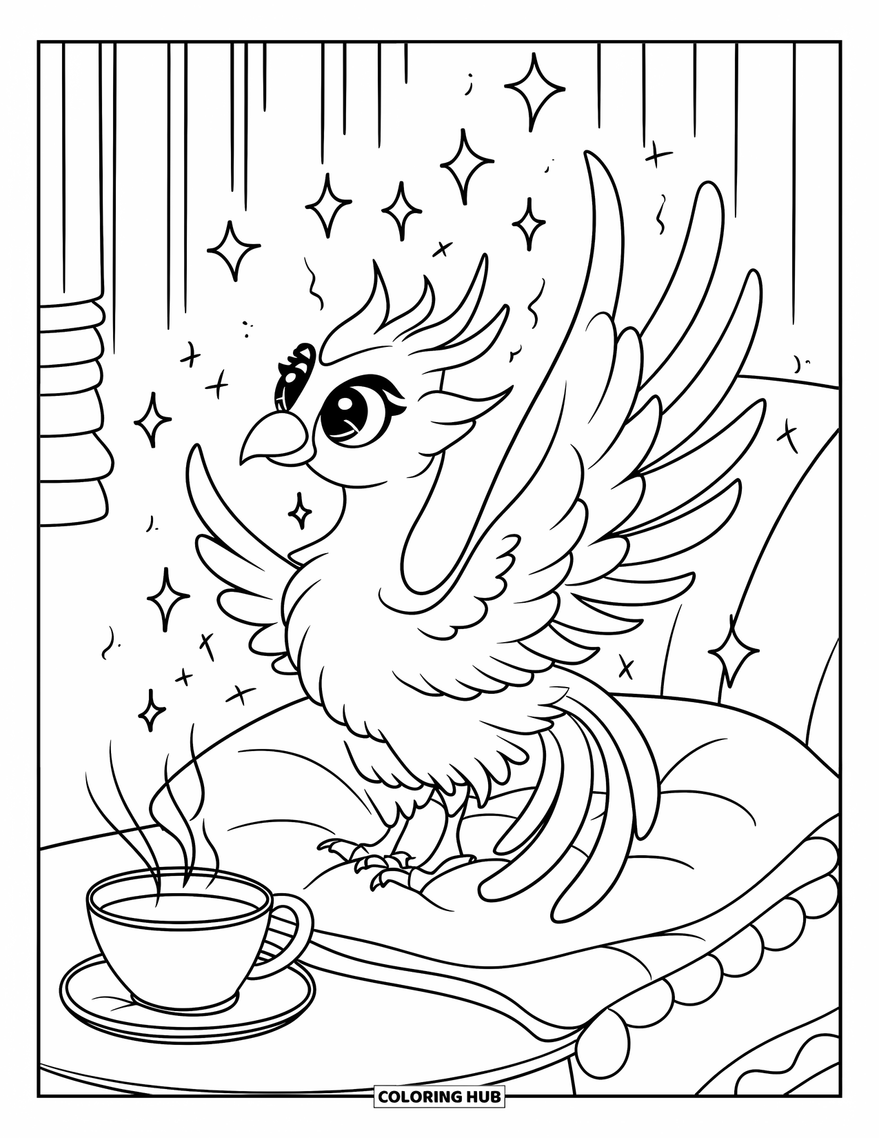 Mythical Creatures Coloring Page for Adults: A tiny phoenix rests on a pillow beside a warm cup of tea