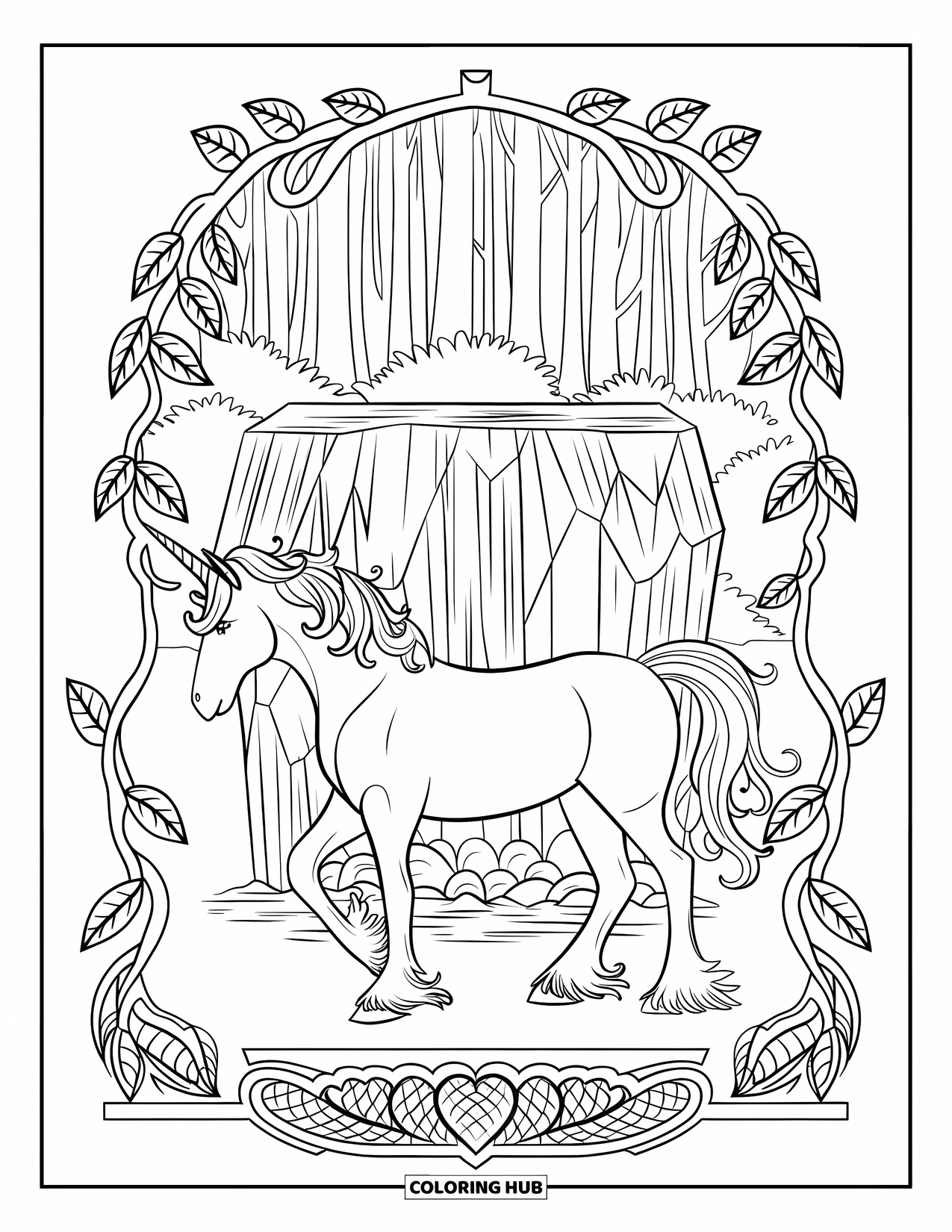 Mythical Creatures Coloring Page for Adults: A unicorn beside a sparkling waterfall framed by leafy vines and trees