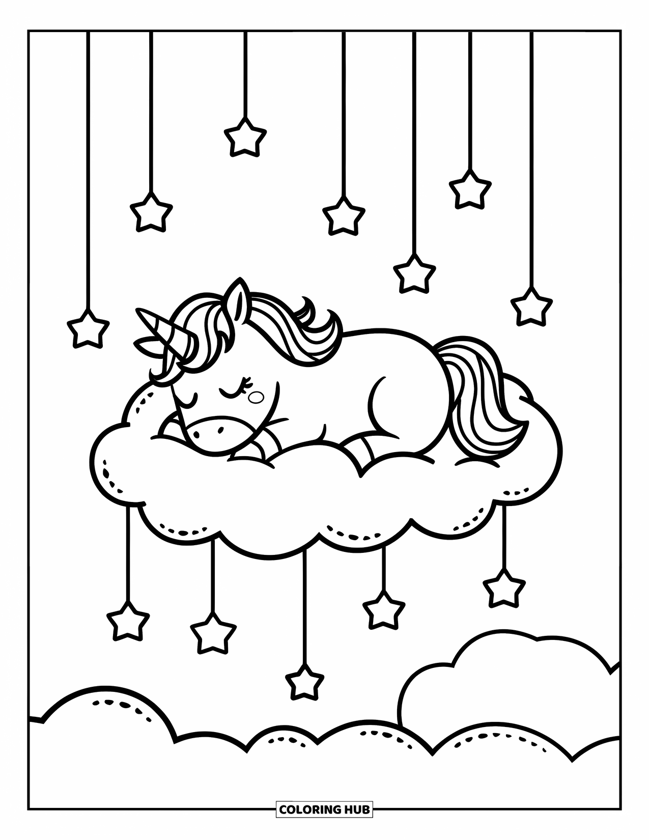 Mythical Creatures Coloring Page for Adults: A unicorn naps peacefully on a fluffy cloud under hanging stars