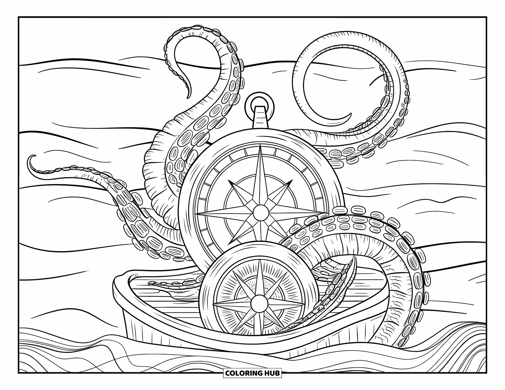 Mythical Creatures Coloring Page for Adults: Tentacled kraken grips a compass and ship wheel above calm waves