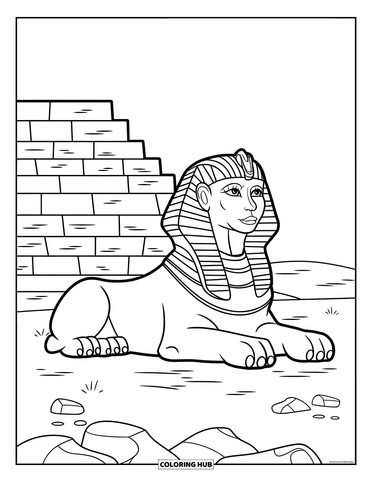 Mythical Creatures Coloring Page for Kids: A calm sphinx rests near a grand stone pyramid in the desert