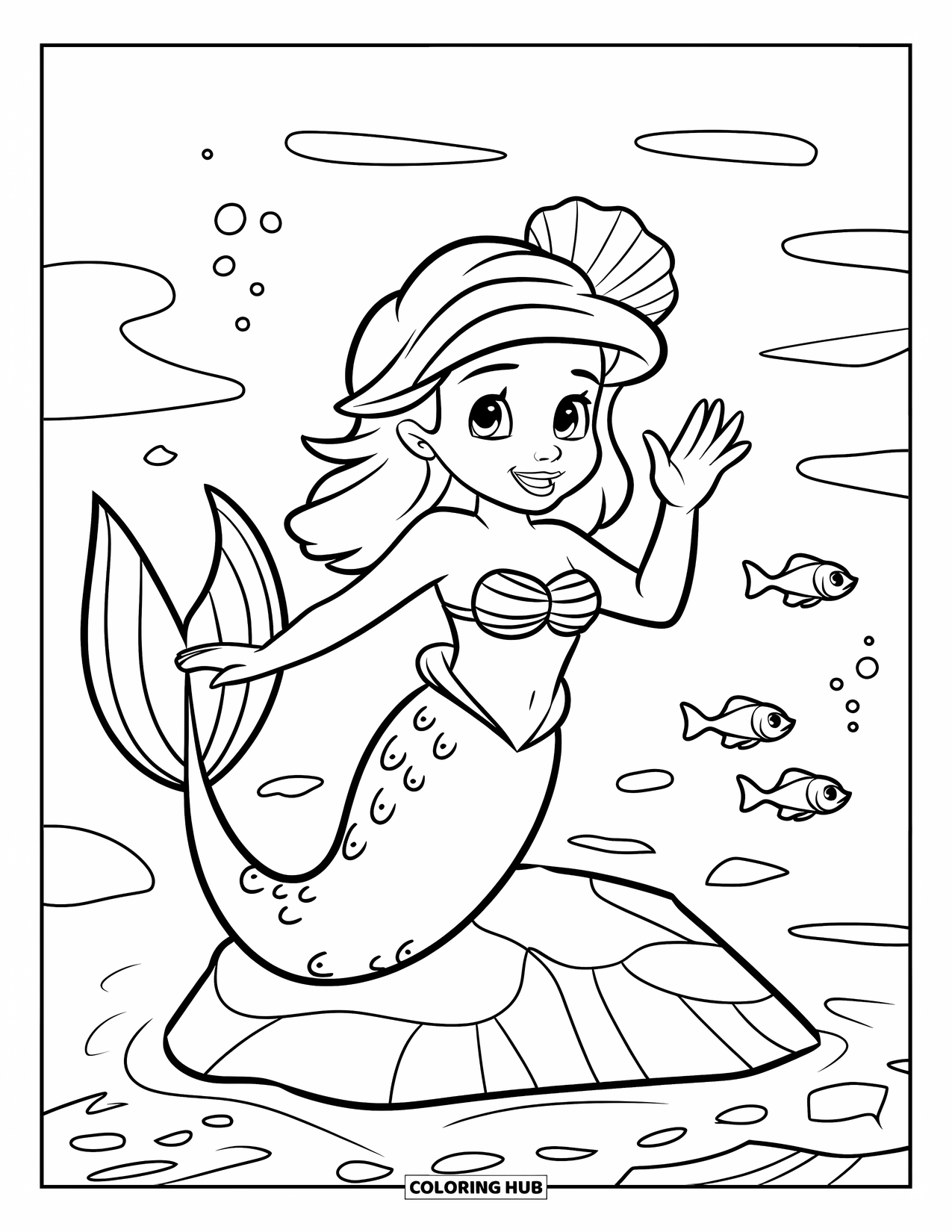 Mythical Creatures Coloring Page for Kids: A cheerful mermaid waves from a rock surrounded by tiny fish