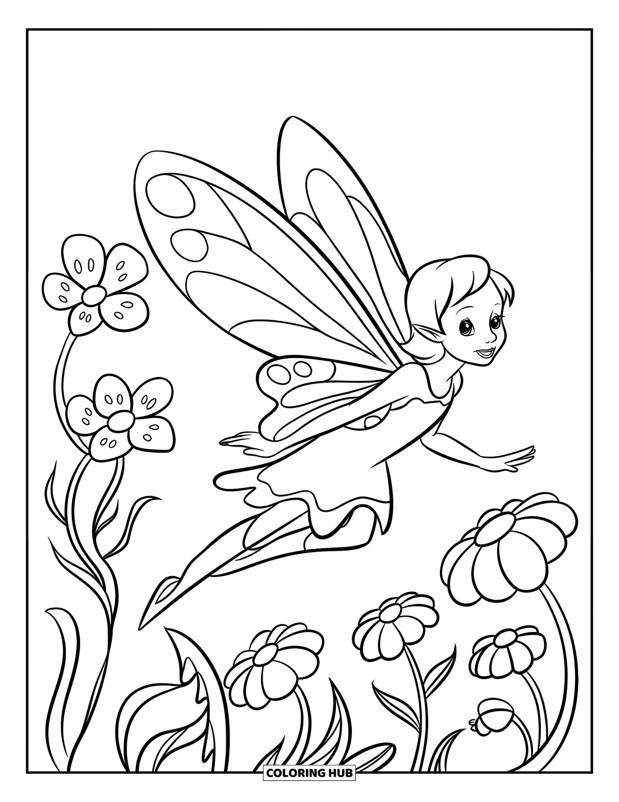 Mythical Creatures Coloring Page for Kids: A fairy with large wings dances around flowers in full bloom
