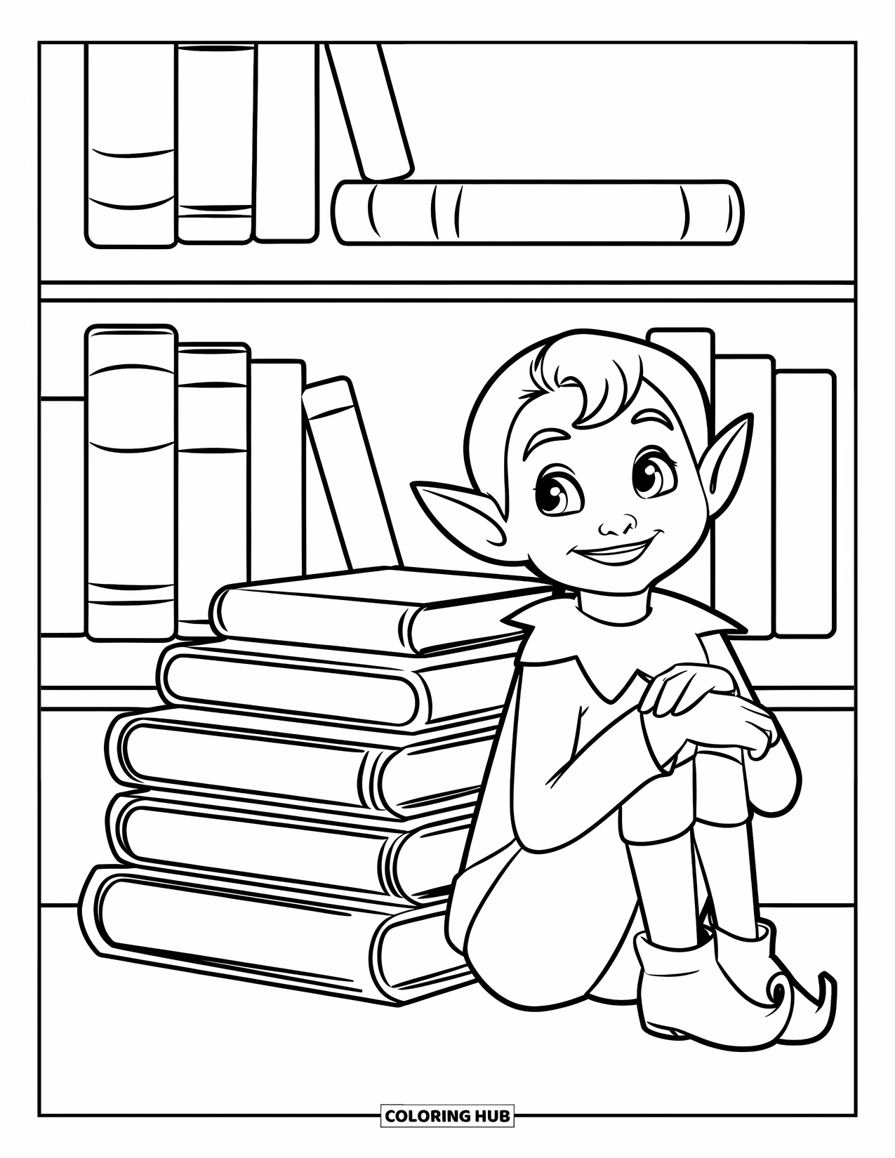 Mythical Creatures Coloring Page for Kids: A friendly elf sits near books with shelves in the background