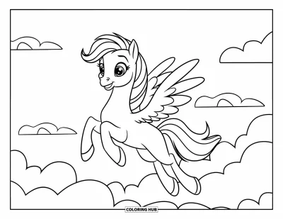 Tegning af mytiske væsener til børn: En blid pegasus flyver glad over bløde, fluffy skyer