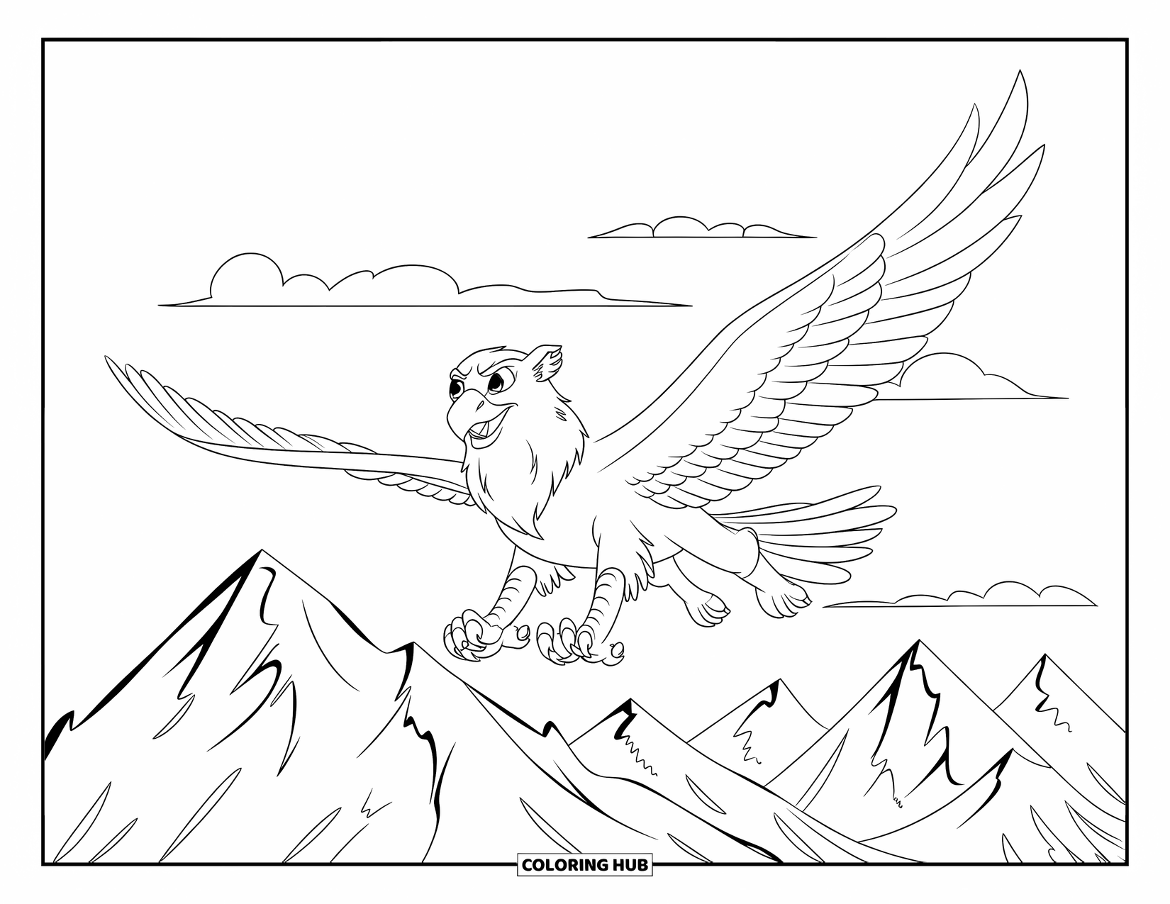 Mythical Creatures Coloring Page for Kids: A griffin soars high above snowy mountain peaks and drifting clouds