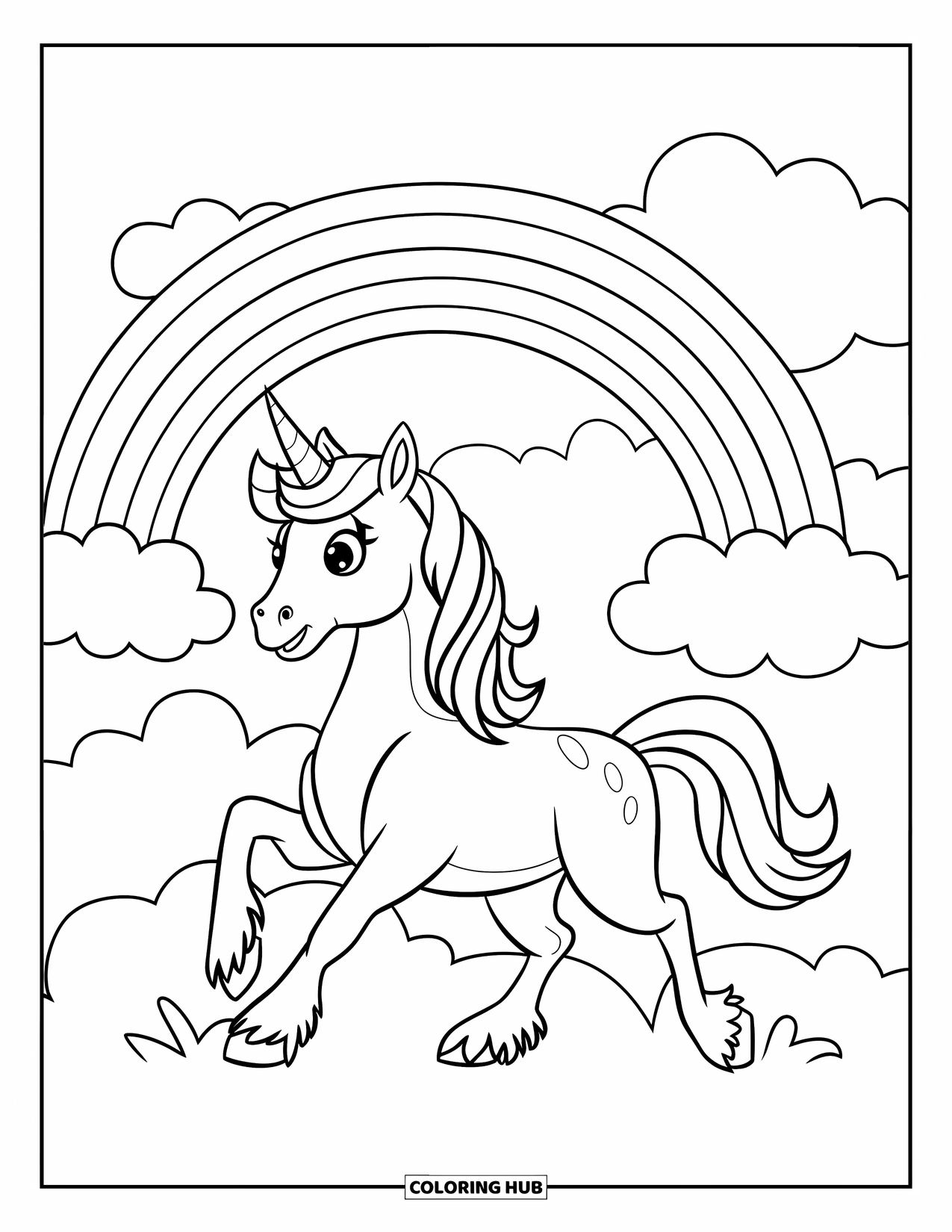 Mythical Creatures Coloring Page for Kids: A joyful unicorn trots under a rainbow and fluffy clouds