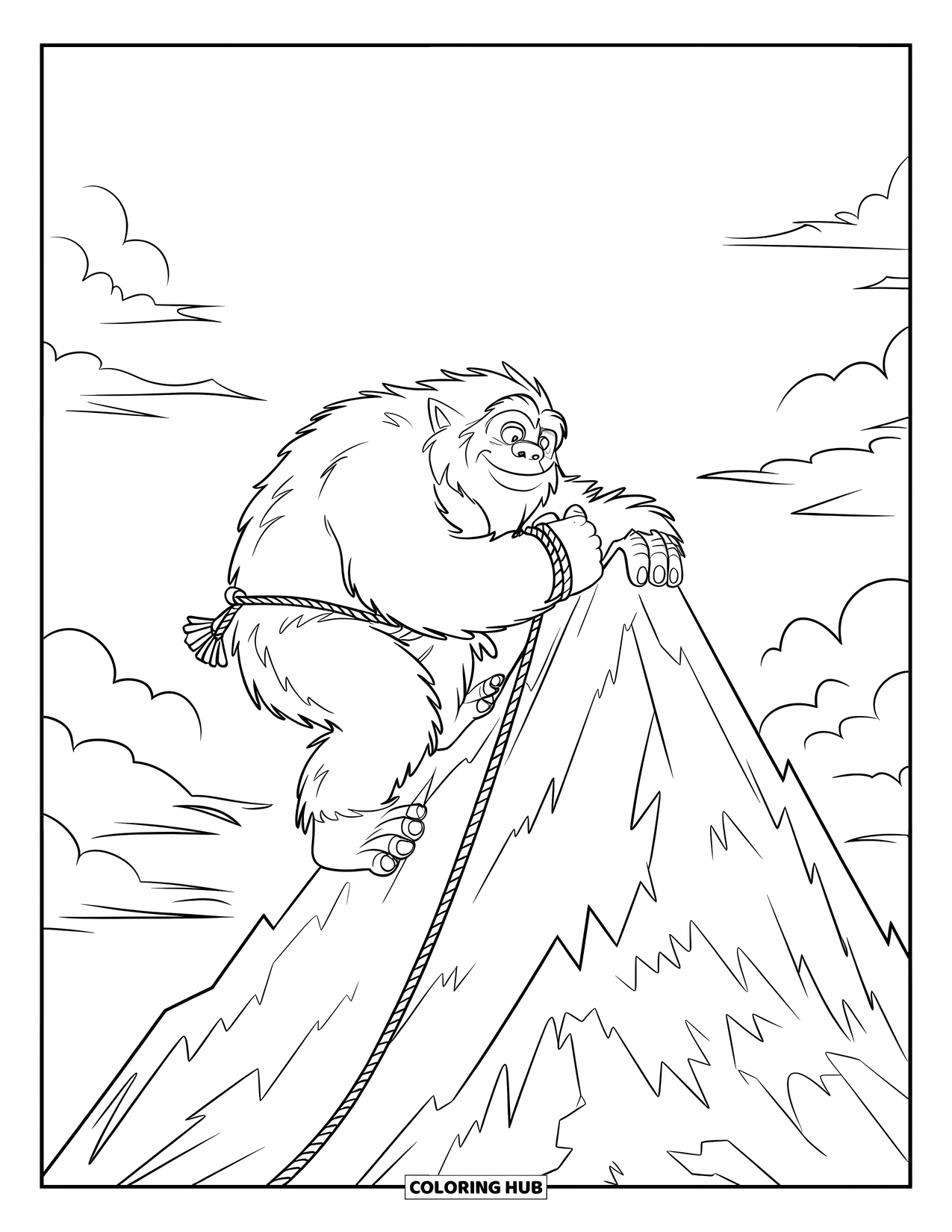 Mythical Creatures Coloring Page for Kids: A large yeti ascends a snowy peak surrounded by drifting clouds