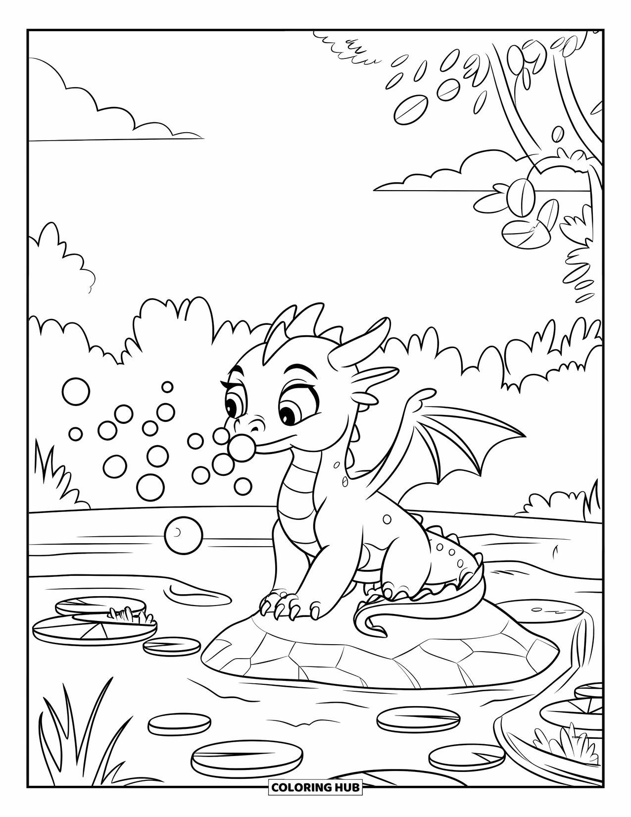 Mythical Creatures Coloring Page for Kids: A little dragon sits by a pond blowing bubbles among lily pads