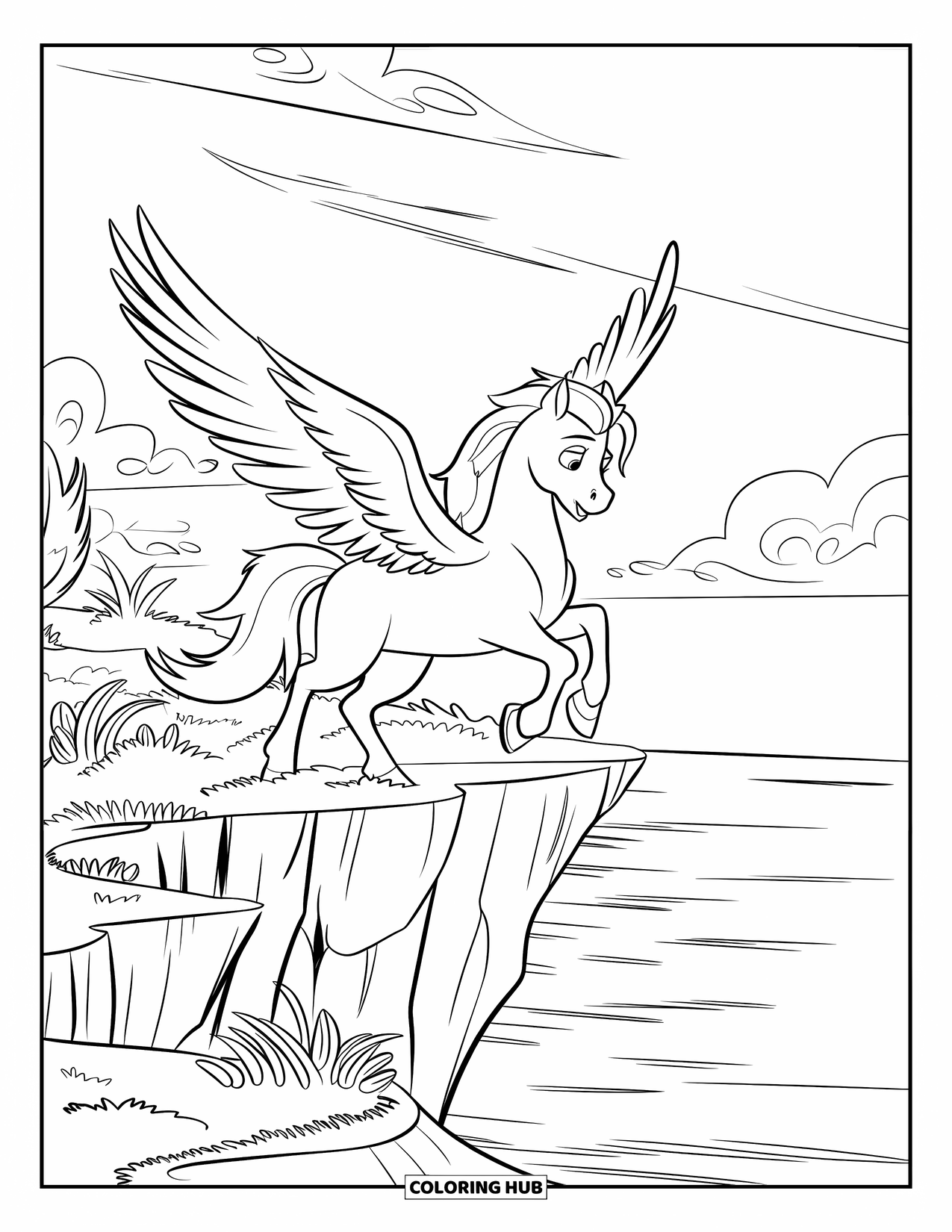 Mythical Creatures Coloring Page for Kids: A majestic pegasus lands softly on a cliff by the calm sea