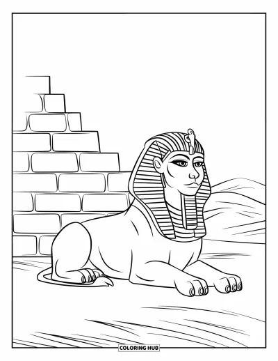 Tegning af mytiske væsener til børn: En majestetisk sfinks vogter en pyramide hen over rullende sanddyner