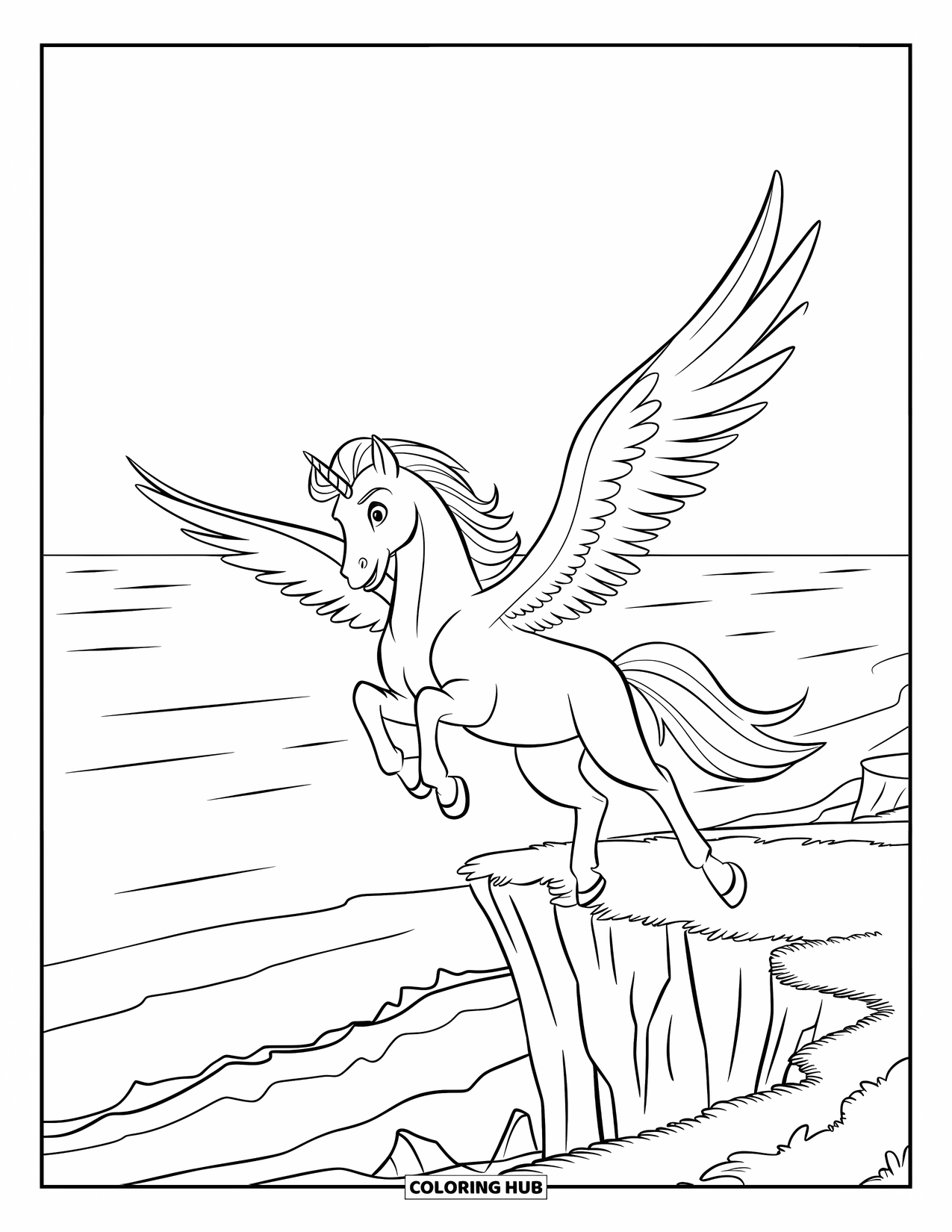 Mythical Creatures Coloring Page for Kids: A pegasus hovers mid-air above a vast ocean and rugged cliffs