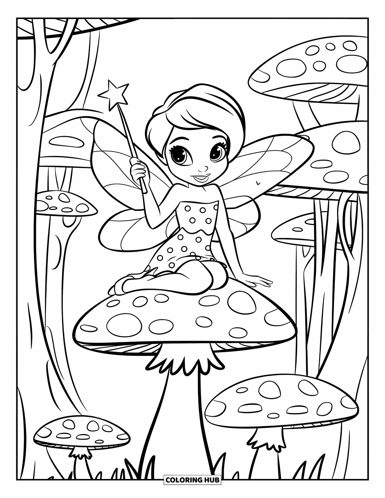 Mythical Creatures Coloring Page for Kids: A playful fairy rests on a tall mushroom with her magic wand