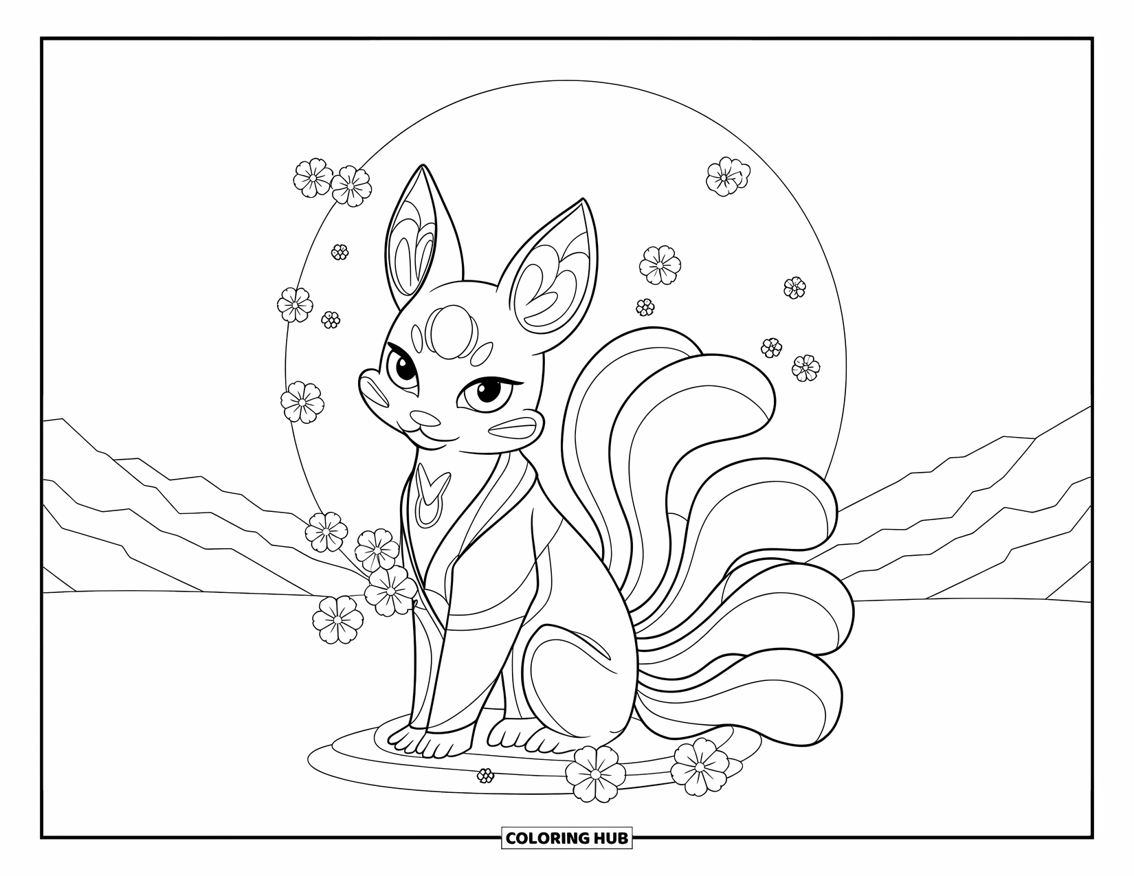 Mythical Creatures Coloring Page for Kids: A serene kitsune rests beneath a full moon surrounded by blossoms
