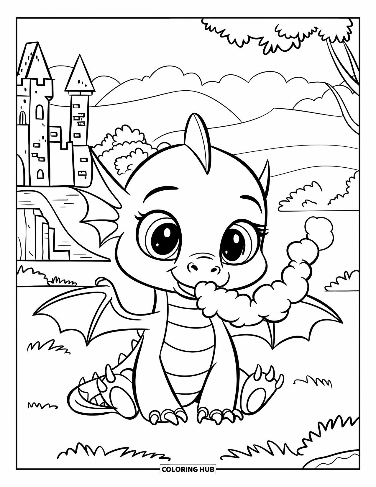 Mythical Creatures Coloring Page for Kids: A small dragon blows smoke near a castle on a hill