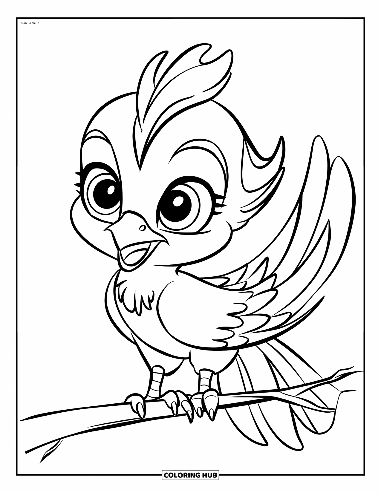 Mythical Creatures Coloring Page for Kids: A smiling baby phoenix balances on a slender branch