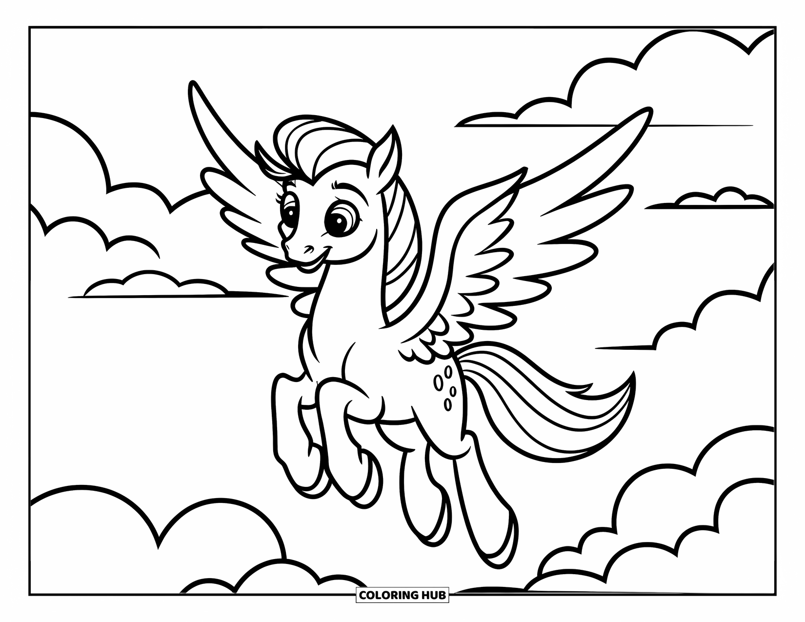 Mythical Creatures Coloring Page for Kids: A smiling pegasus soars playfully through a sky of clouds