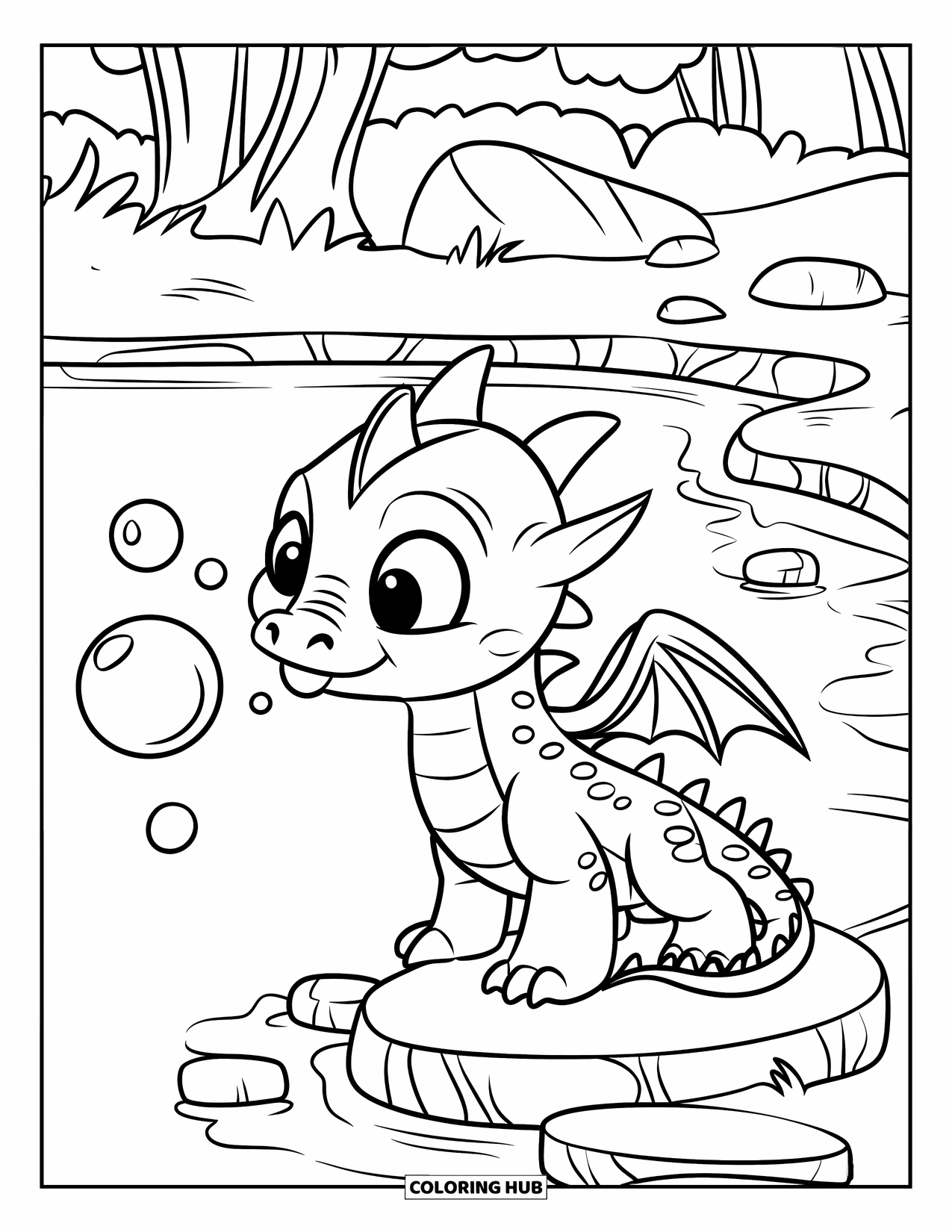Mythical Creatures Coloring Page for Kids: A tiny dragon blows bubbles beside a quiet forest pond