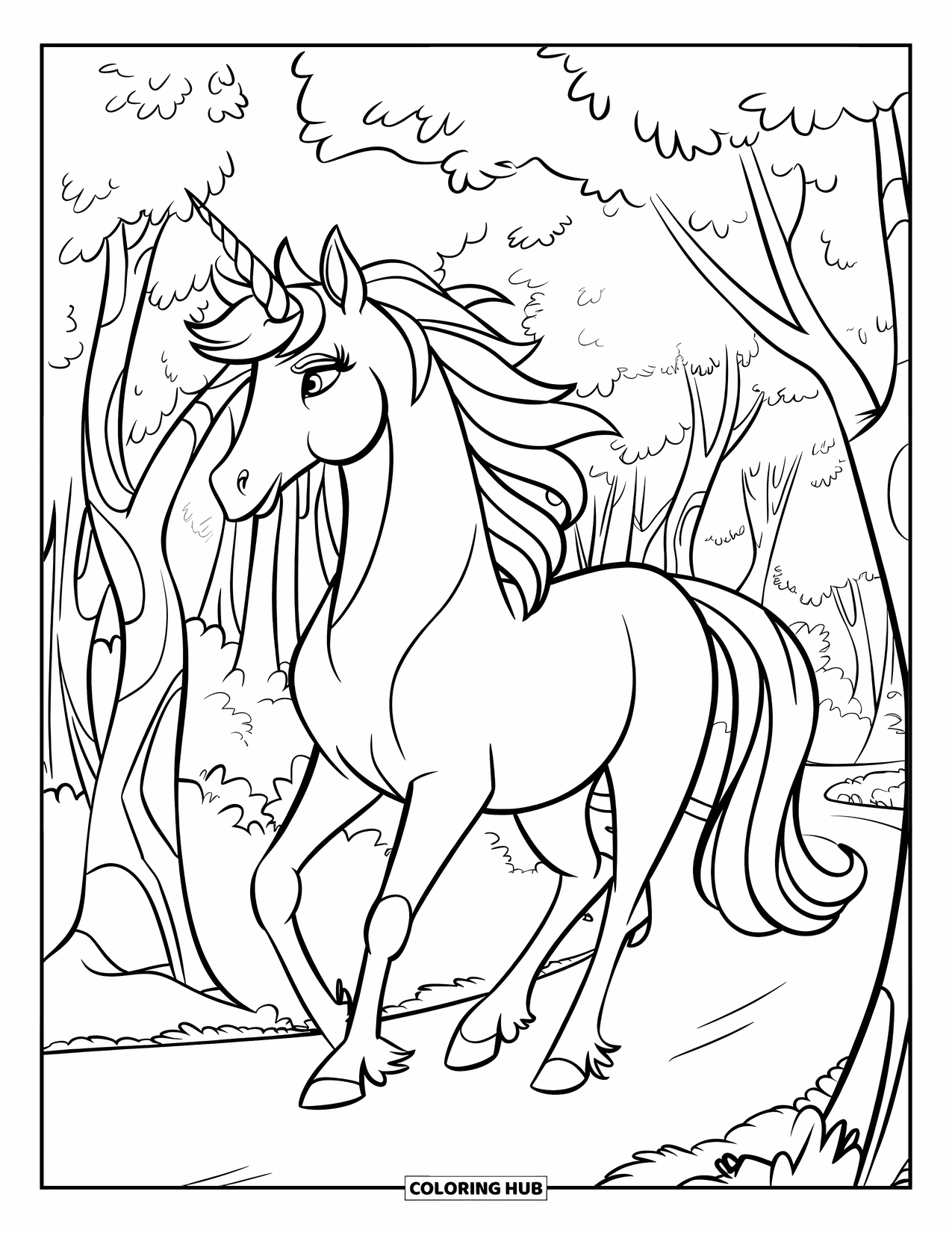 Mythical Creatures Coloring Page for Kids: A unicorn strolls along a forest path surrounded by tall trees