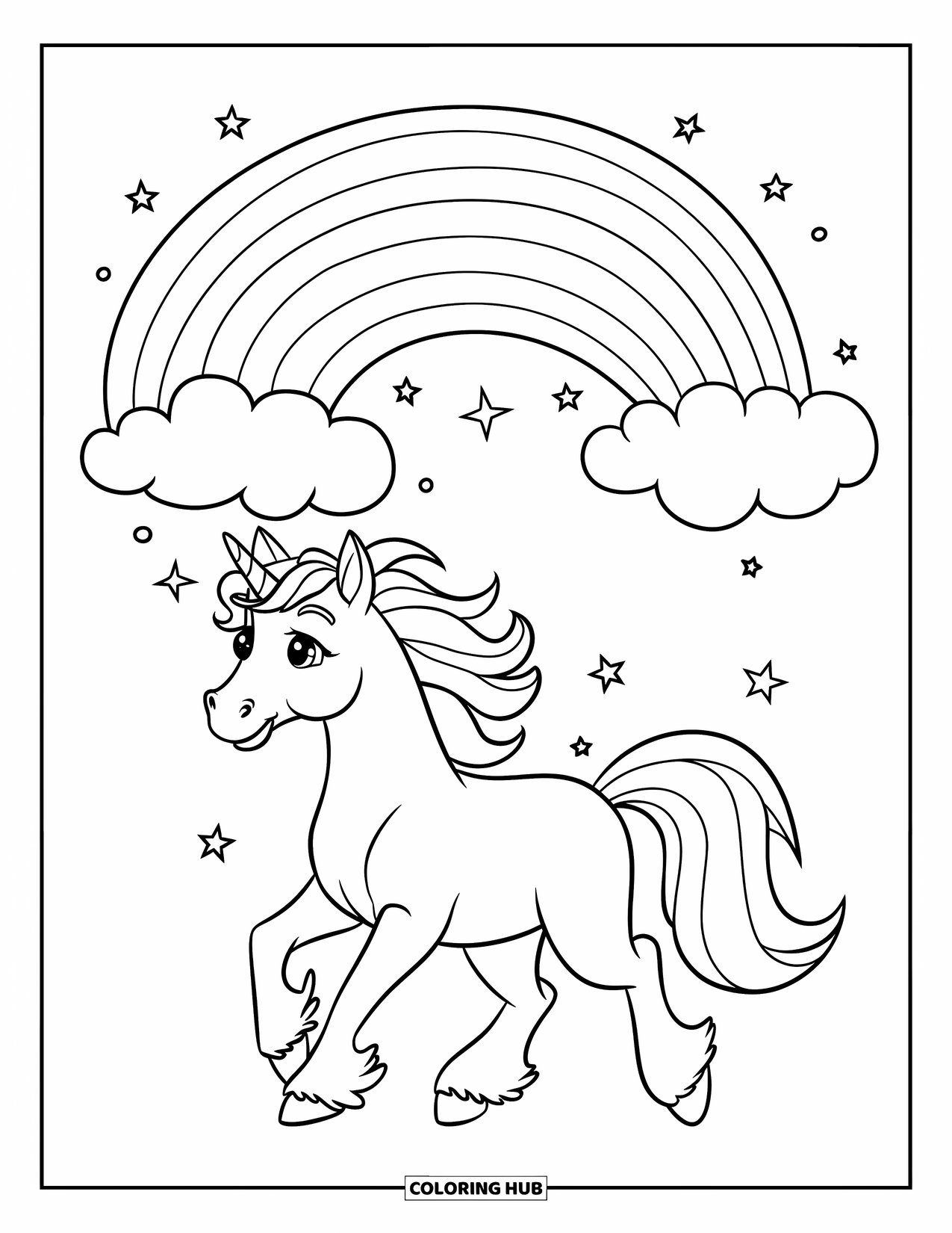Mythical Creatures Coloring Page for Kids: A unicorn walks beneath a rainbow in a starry sky
