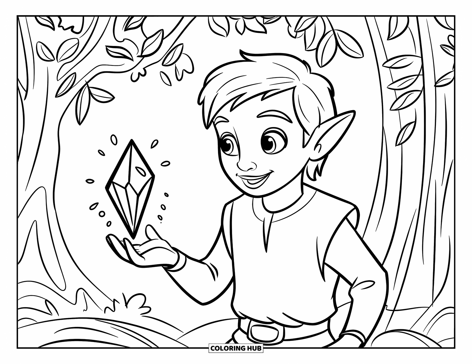 Mythical Creatures Coloring Page for Kids: A young elf gazes at a shining crystal among forest trees