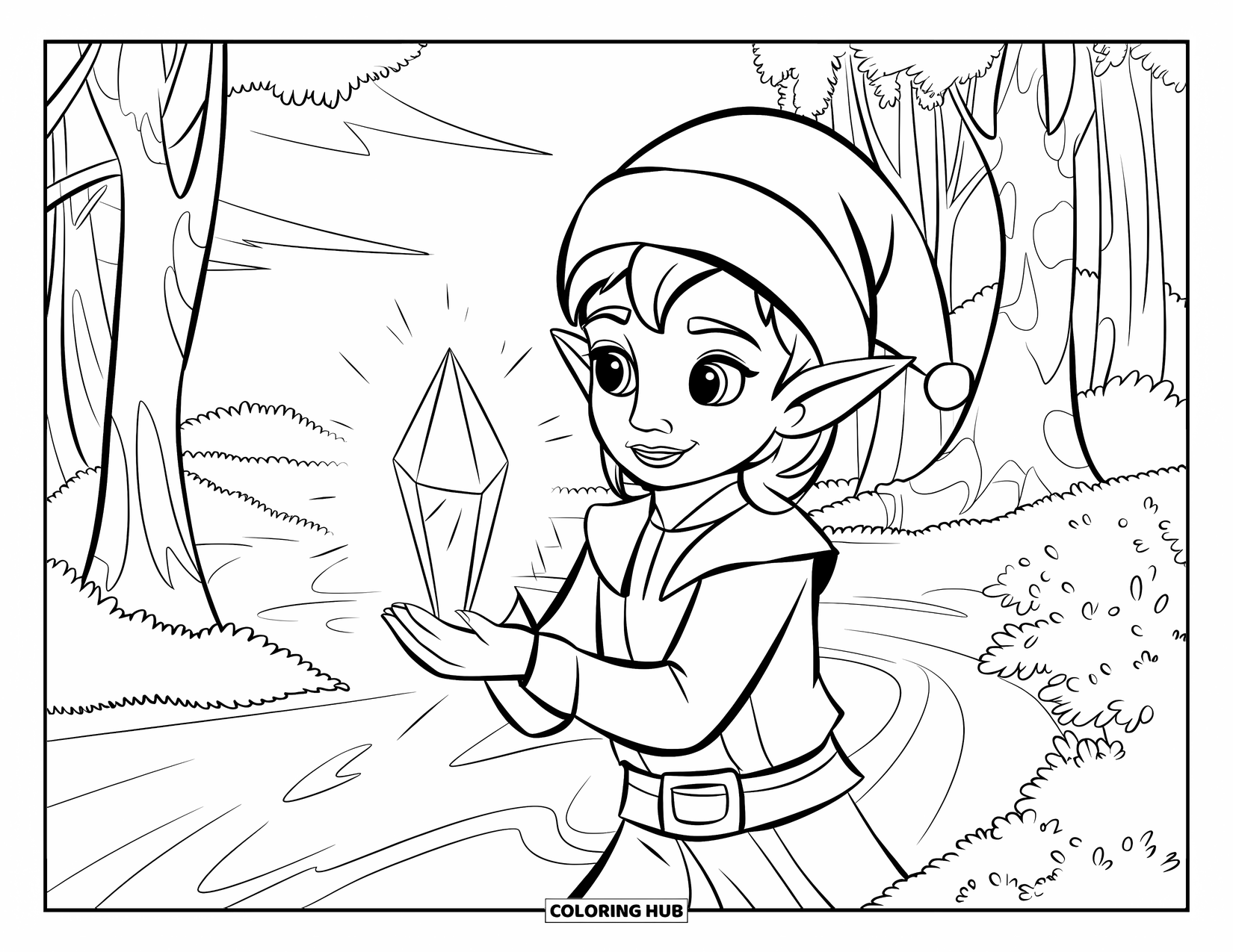 Mythical Creatures Coloring Page for Kids: A young elf stands in a forest, holding a bright crystal