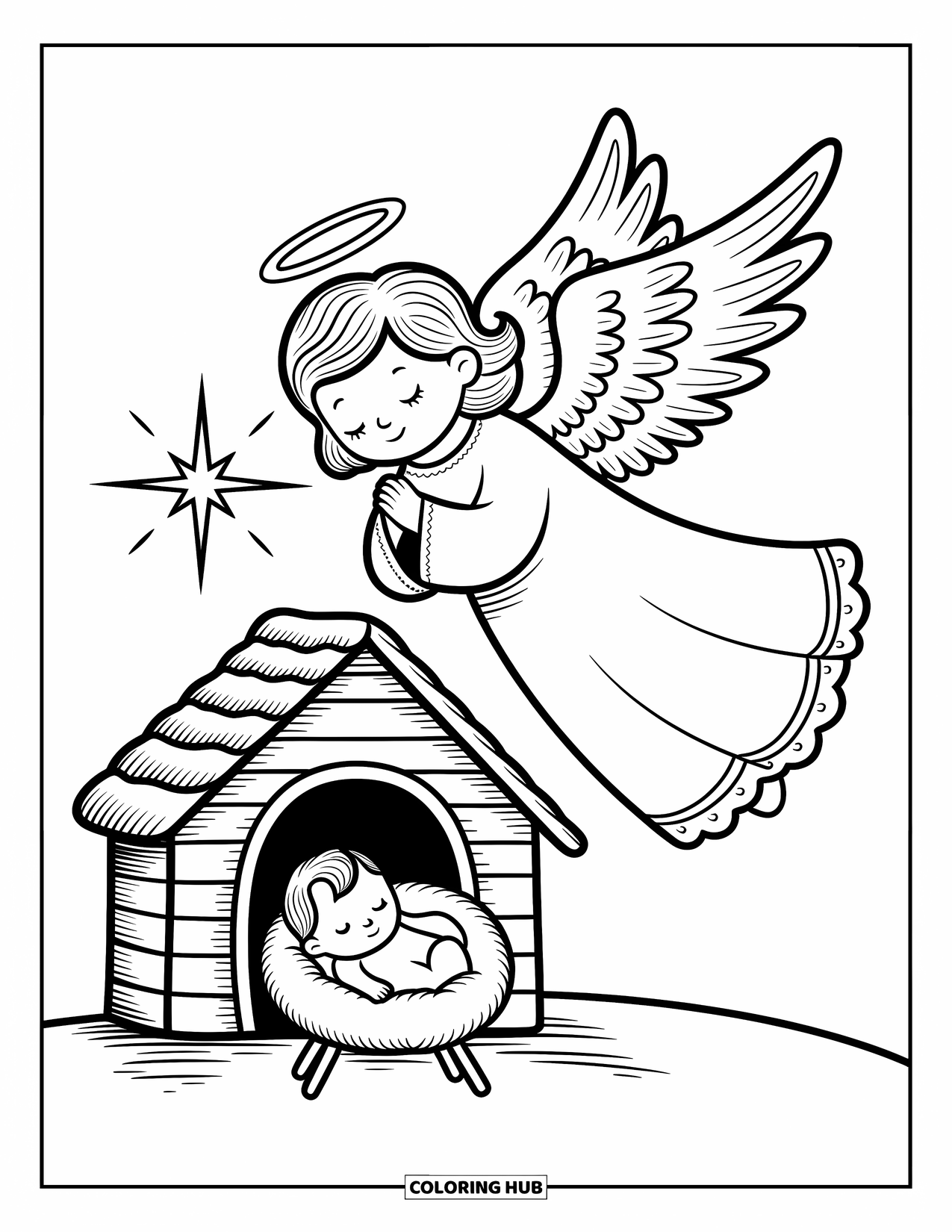 Nativity Coloring Page for Adults: A peaceful angel floats above a small stable, wings curved lovingly around the baby
