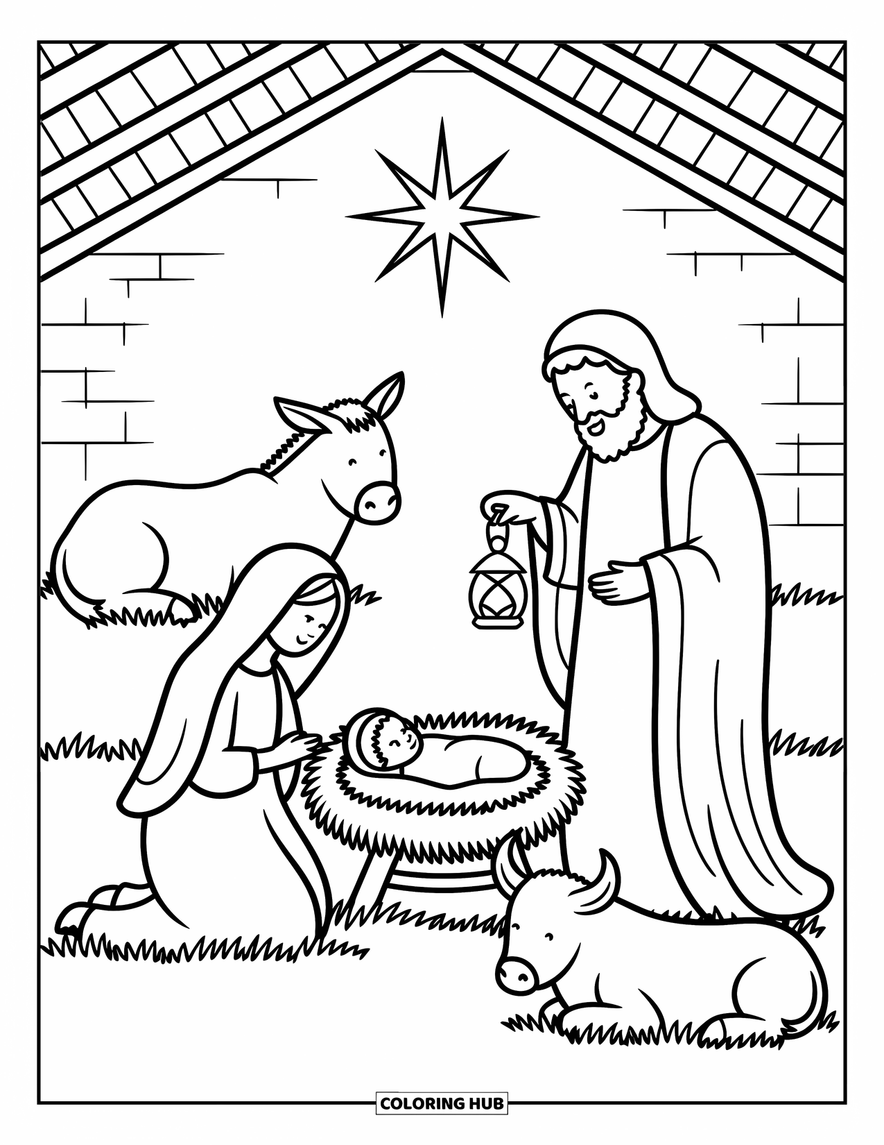 Nativity Coloring Page for Adults: A peaceful stable glows as Mary, Joseph, and baby Jesus rest under a shining star