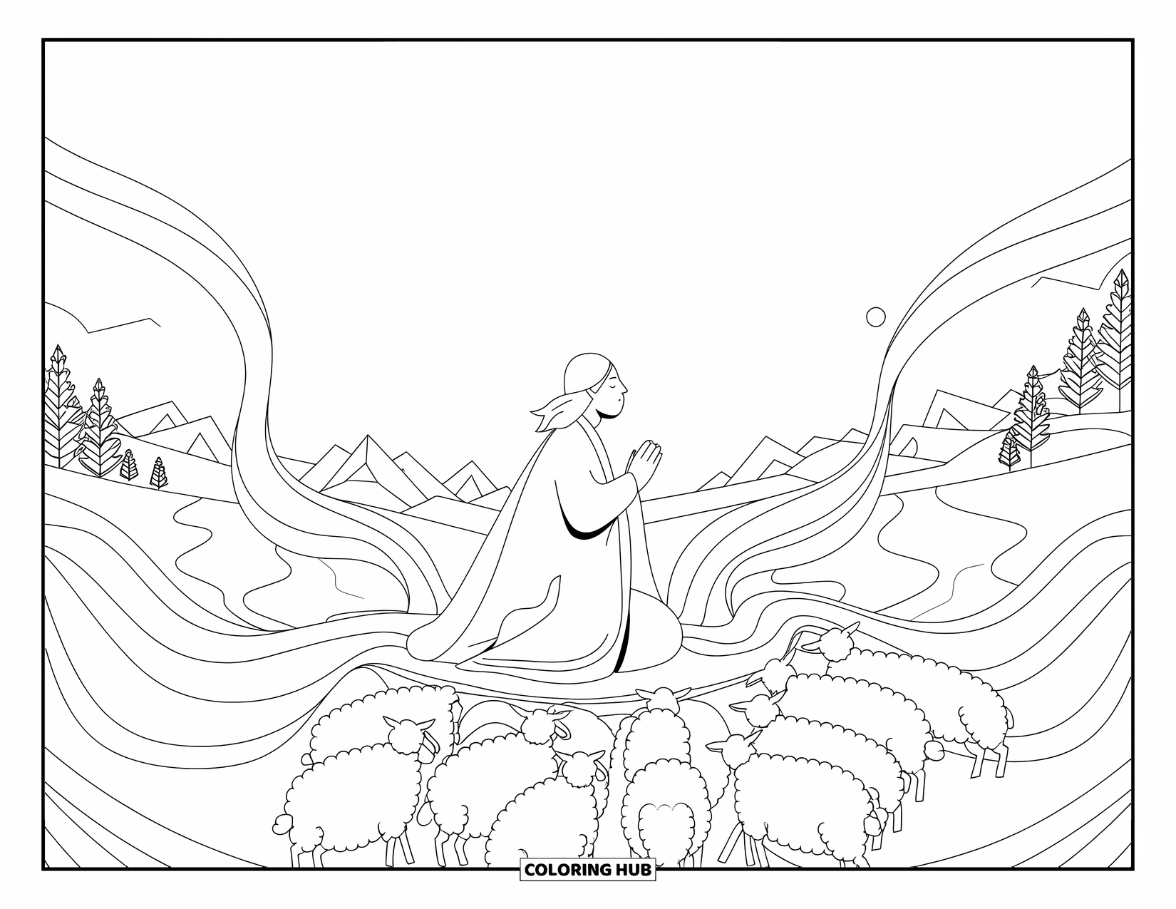 Nativity Coloring Page for Adults: A shepherd kneels in worship surrounded by sheep and soft mountain scenery