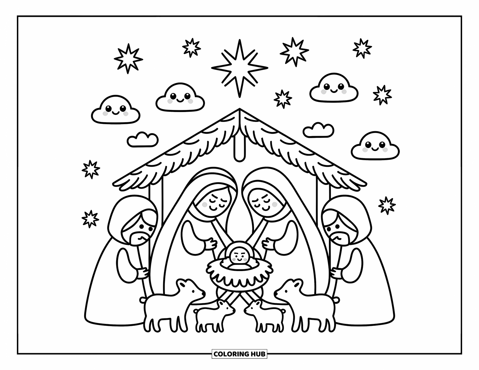 Nativity Coloring Page for Adults: A tender nativity scene with Mary, Joseph, baby Jesus, and animals beneath a radiant star
