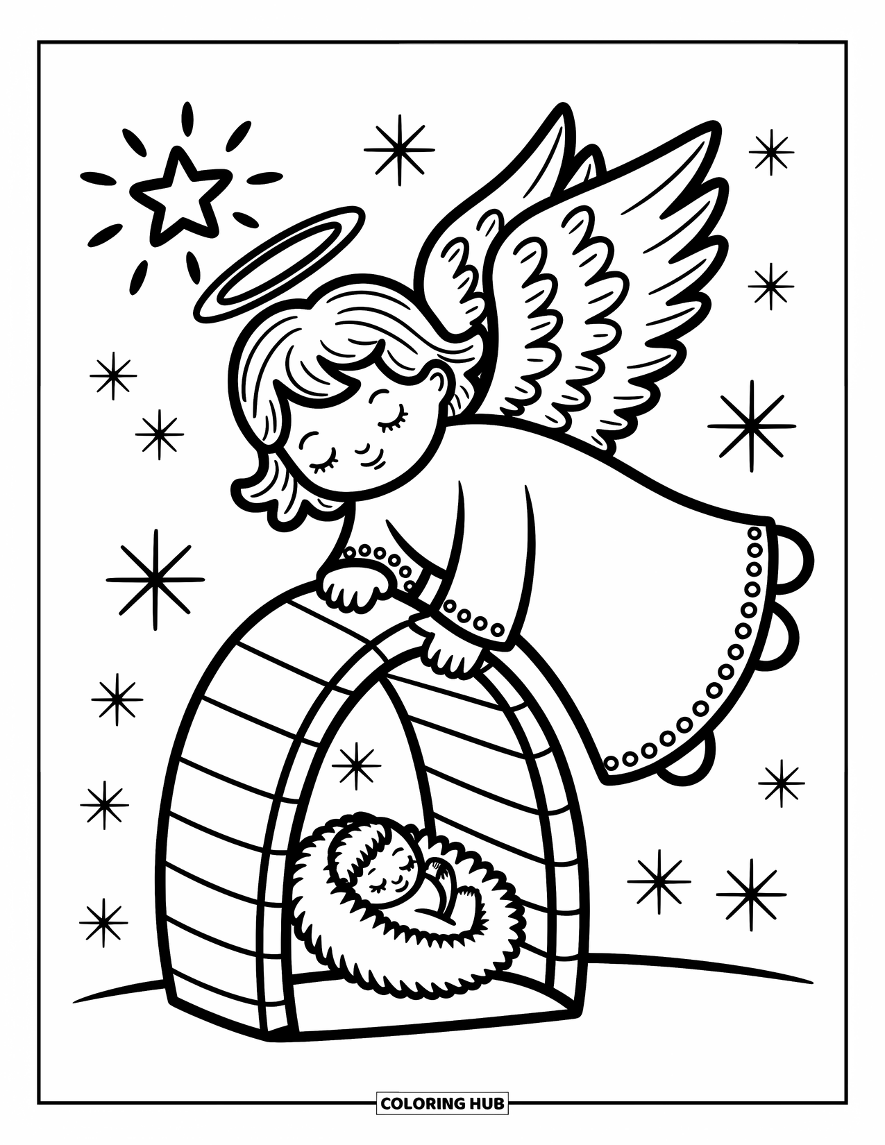 Nativity Coloring Page for Adults: An angel with a glowing halo protects a baby resting safely in a small stable